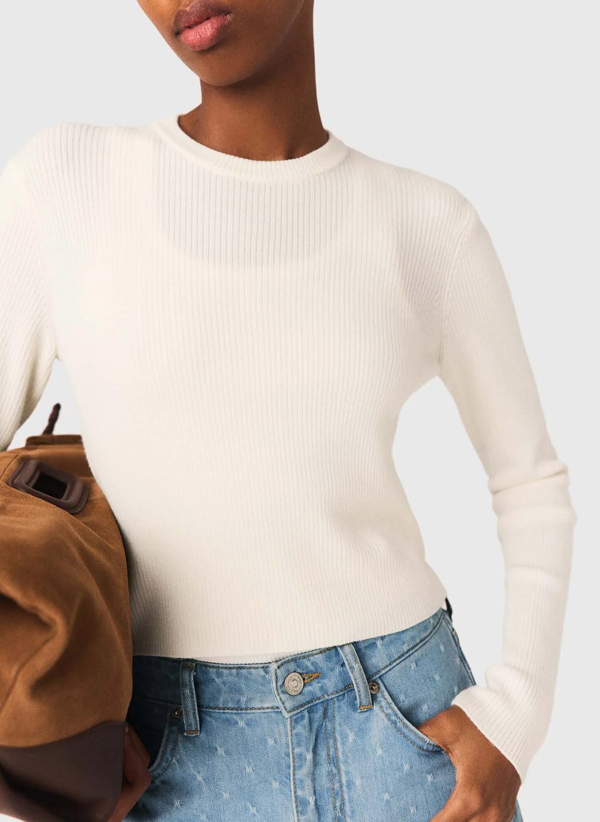 Pull côtelé uni en laine MAJE Beige