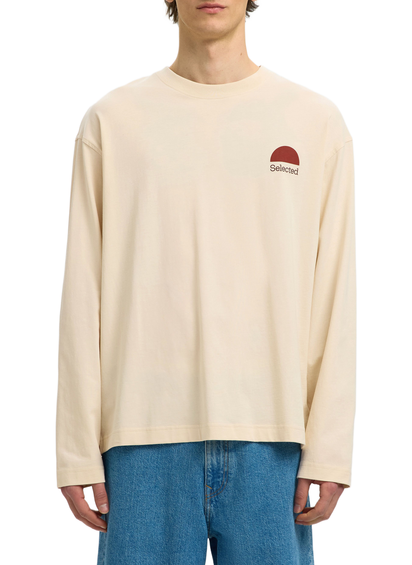 Long-sleeve printed cotton t-shirt SELECTED Beige