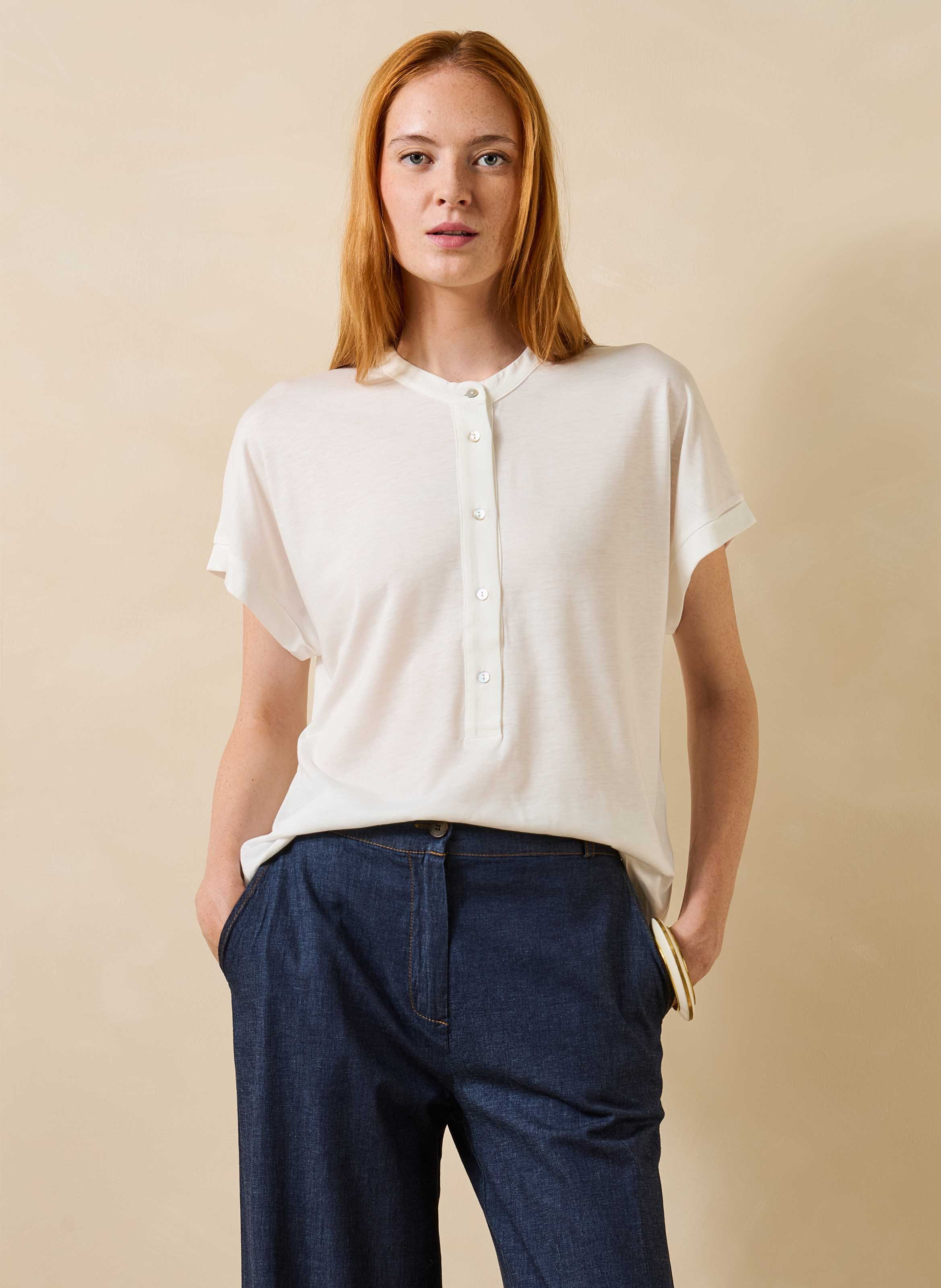 Effen top met korte mouwen en knoopsluiting LA FEE MARABOUTEE Wit