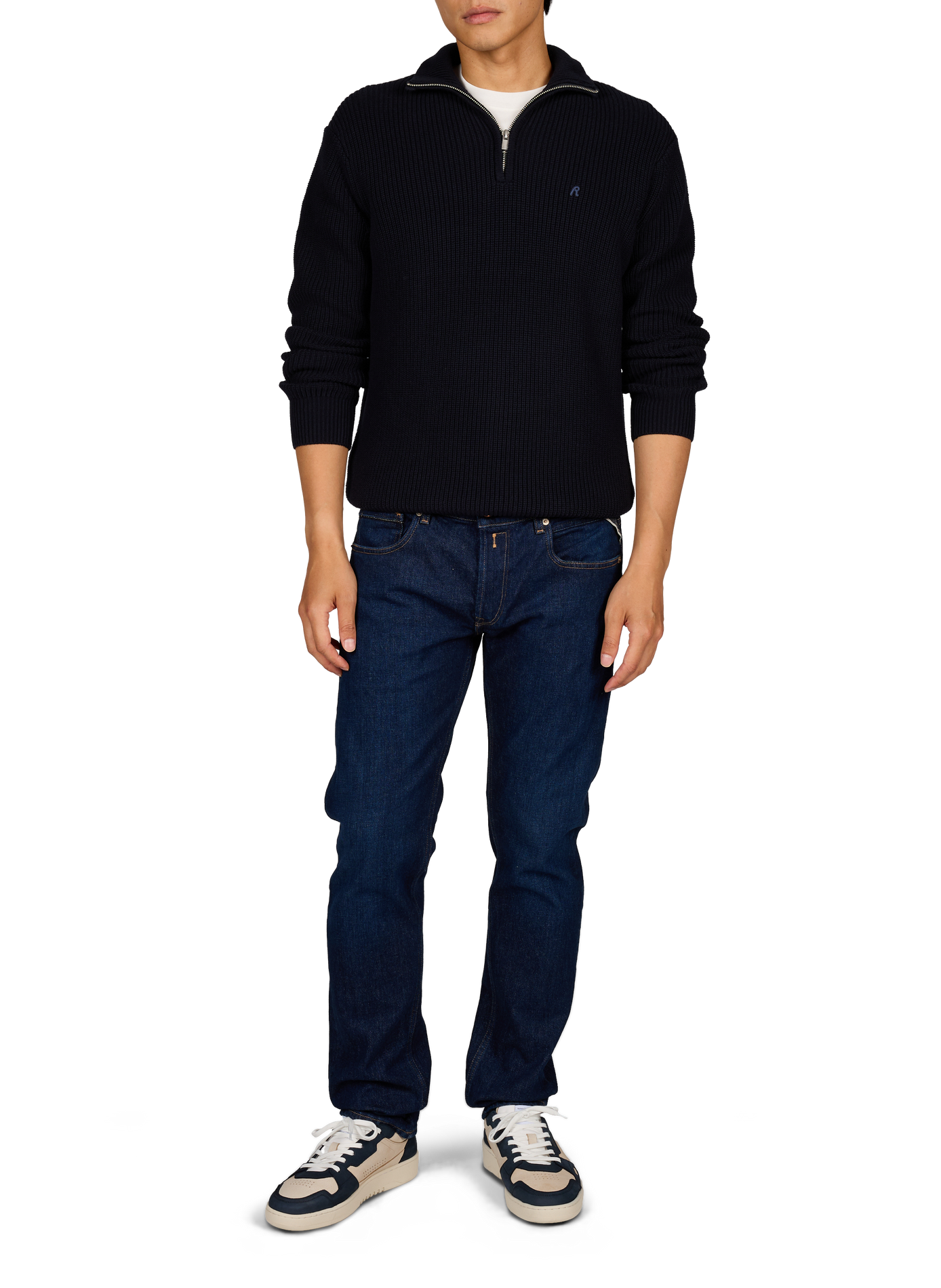 Ribbed high-neck sweater with embroidered logo in cotton REPLAY Blue