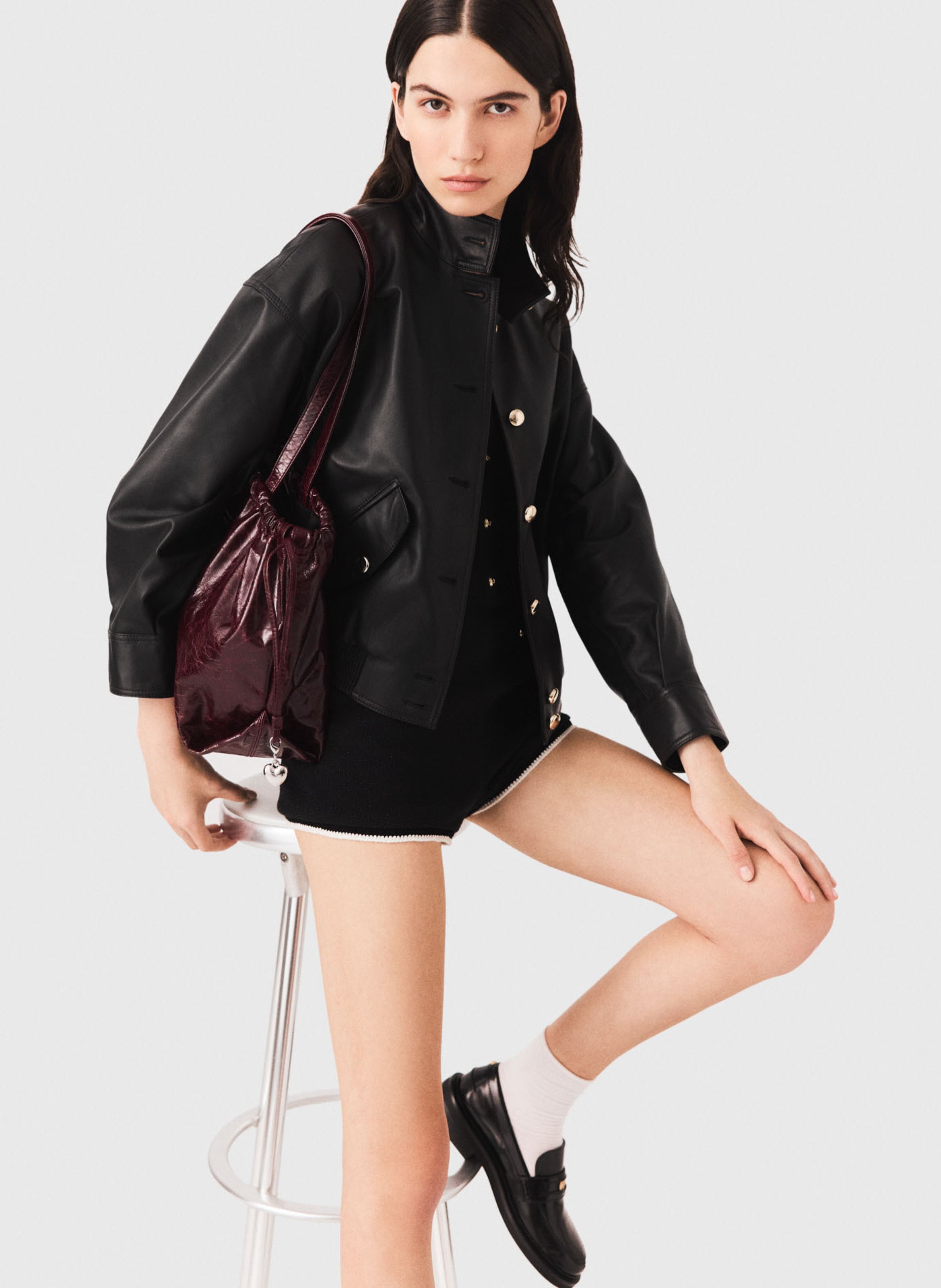 Blouson ample col montant en cuir MAJE Noir