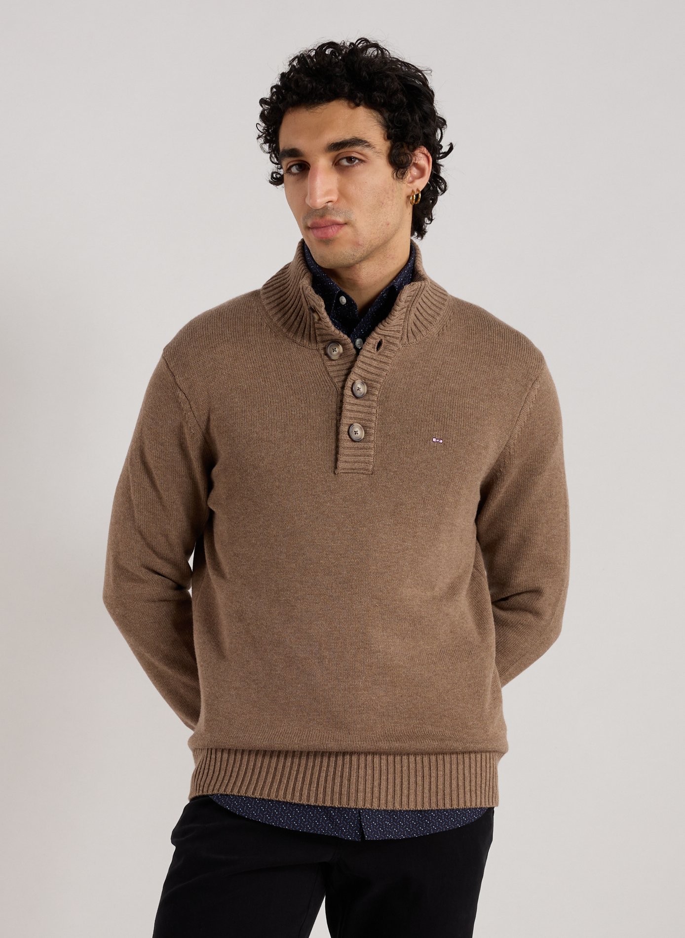 EDEN PARK Pull col montant en laine et coton Marron