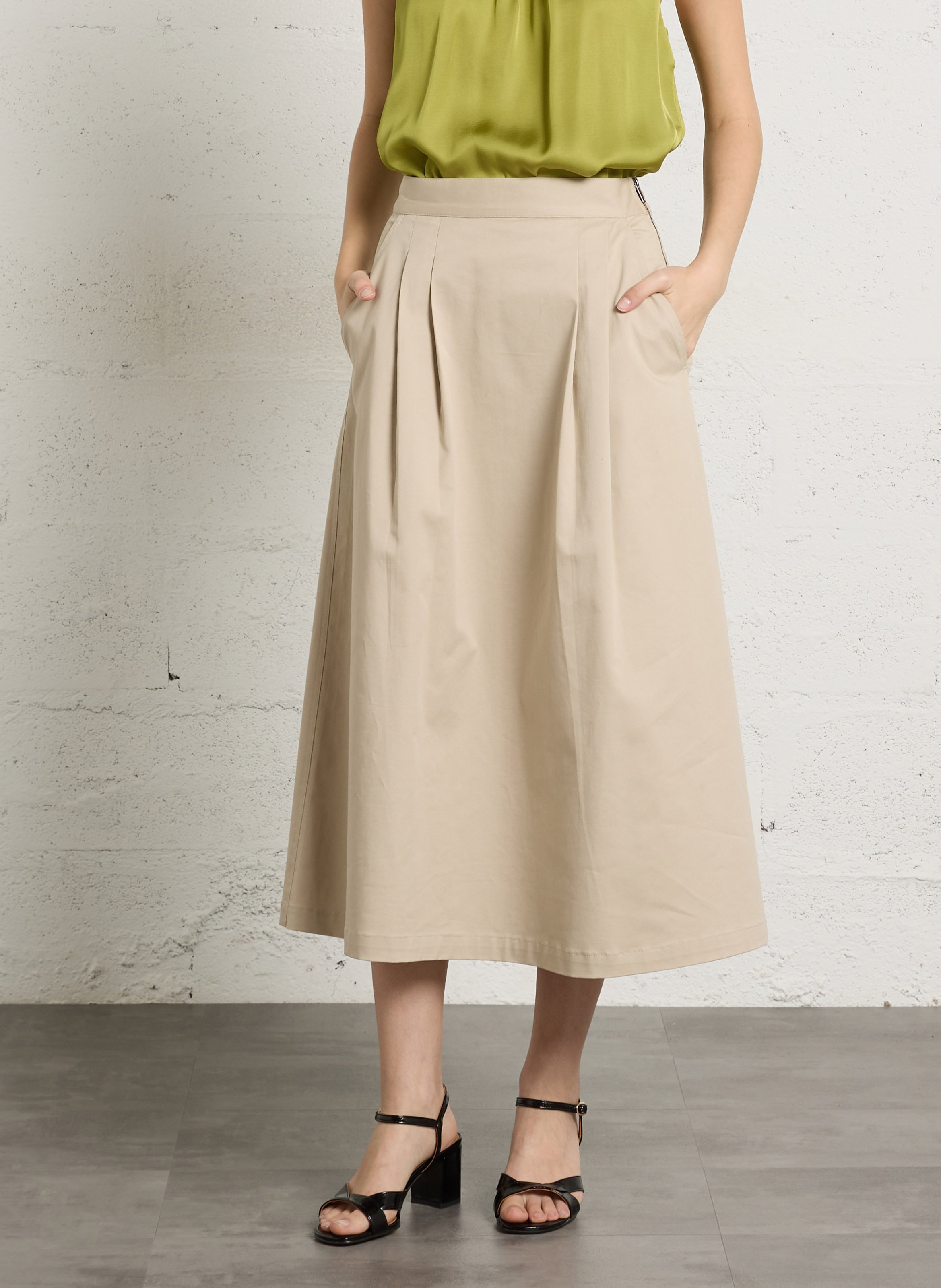 Jupe midi évasée à plis IKKS Beige