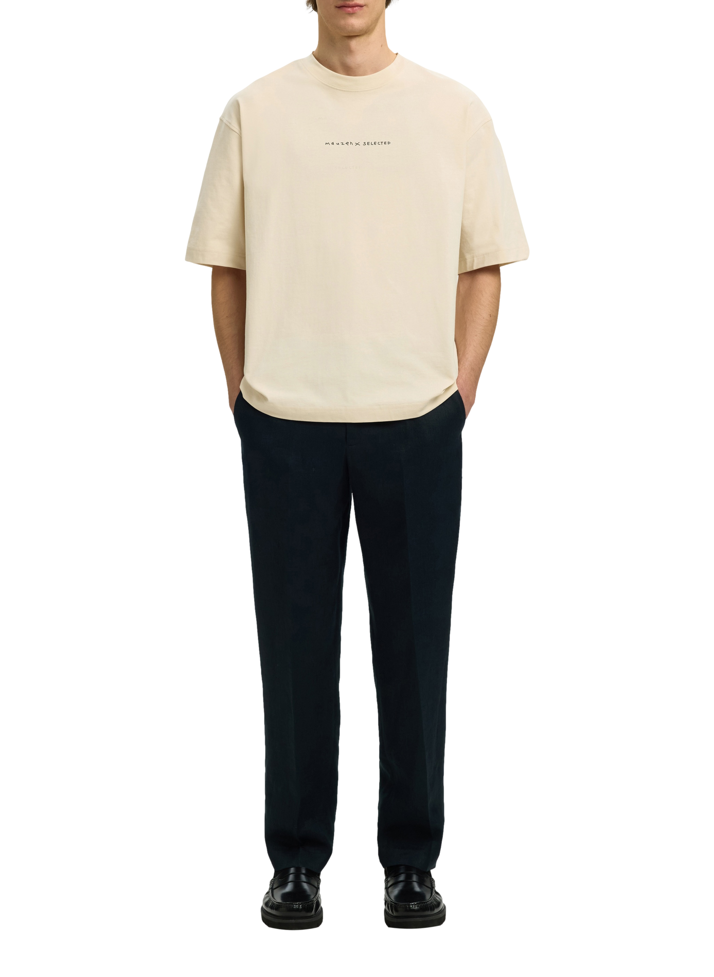 Short-sleeve printed cotton T-shirt  SELECTED Beige