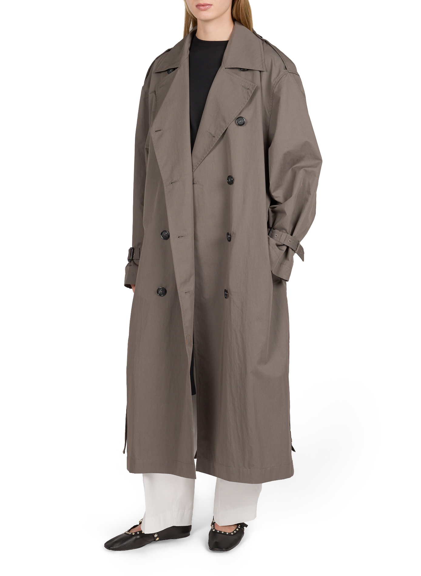 Langer einfarbiger Trenchcoat aus Baumwollmischung mit Gürtel TOTEME Khaki