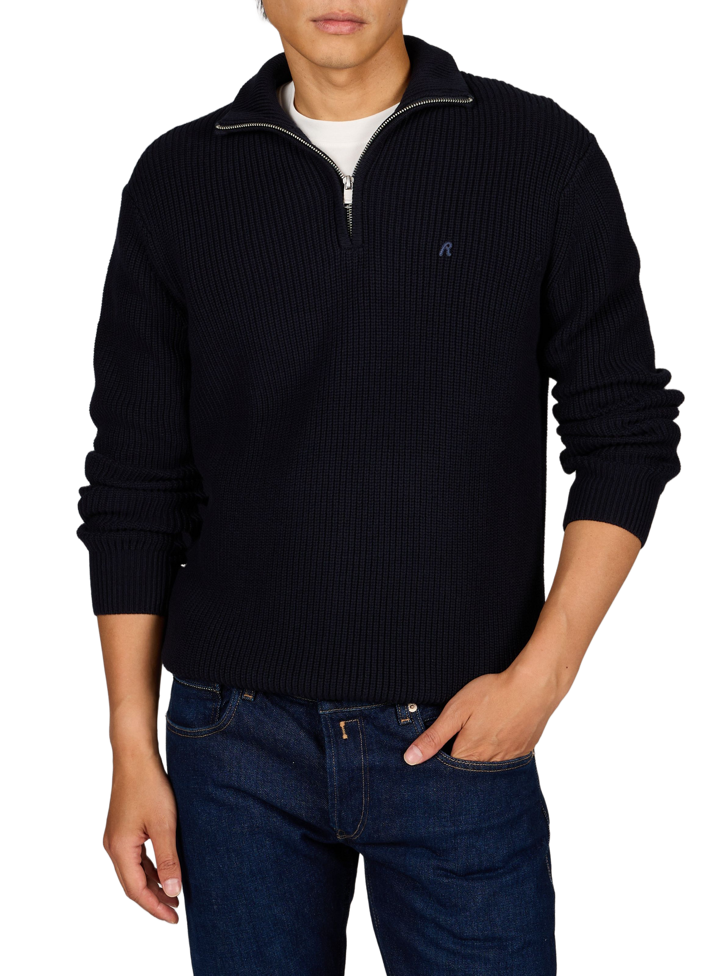 Ribbed high-neck sweater with embroidered logo in cotton REPLAY Blue