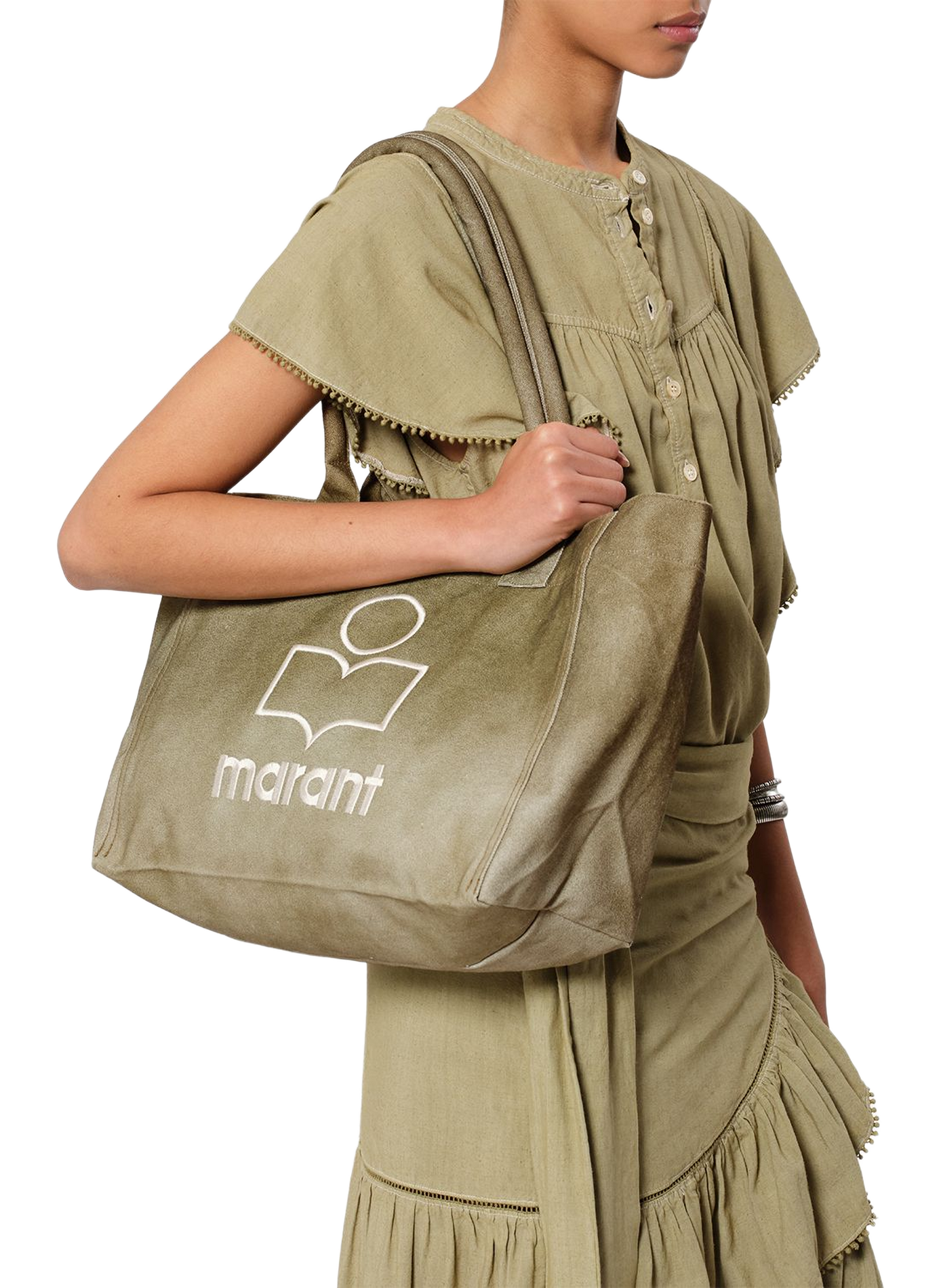 Einkaufstasche aus Baumwolle mit Reißverschluss und Logo ISABEL MARANT Khaki