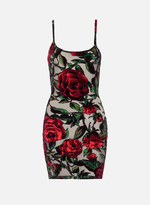 Robe en velours dévoré imprimé rose Rouge by BALMAIN BALMAIN Robe en velours dévoré imprimé rose Rouge