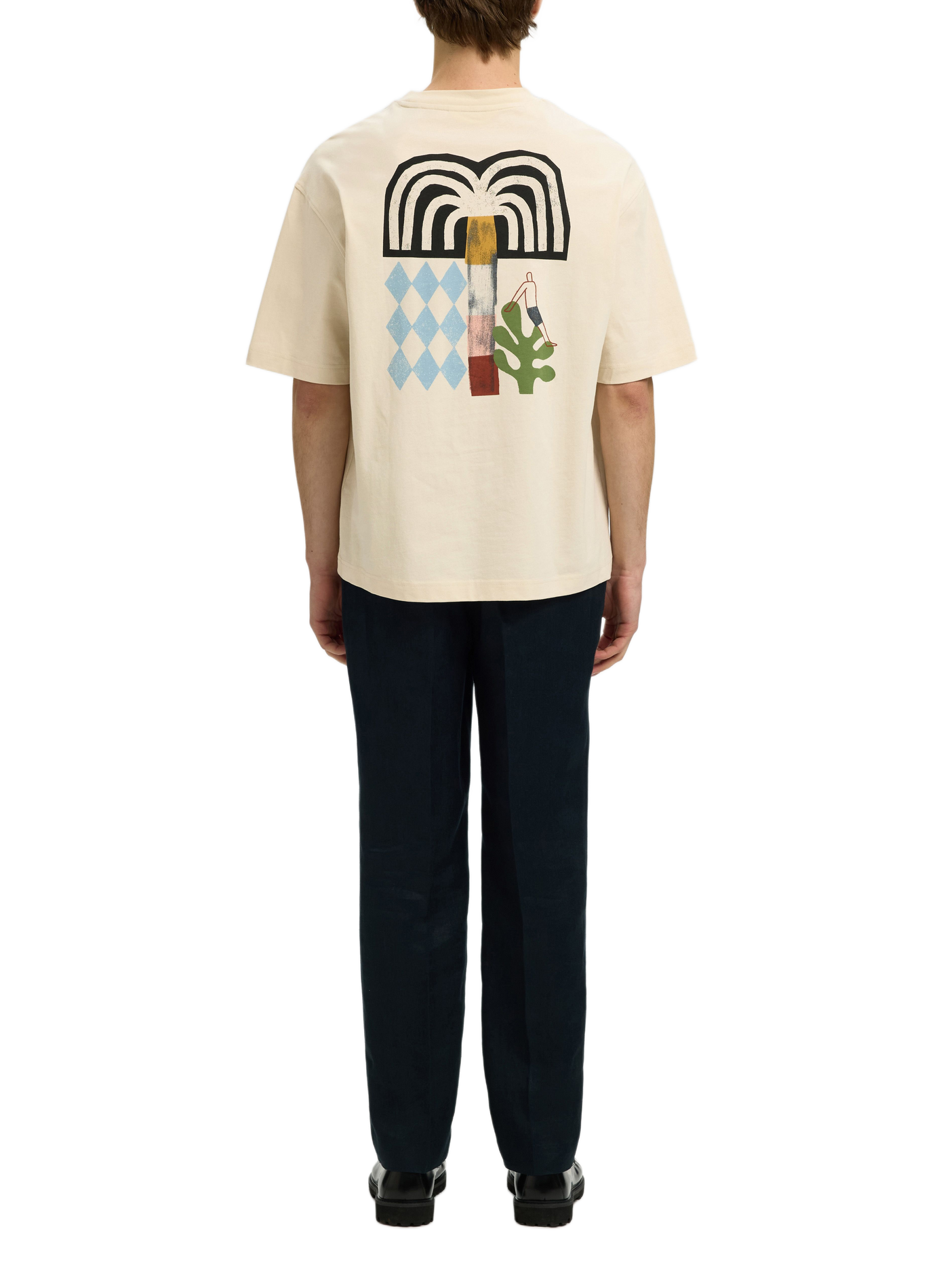 Short-sleeve printed cotton T-shirt  SELECTED Beige