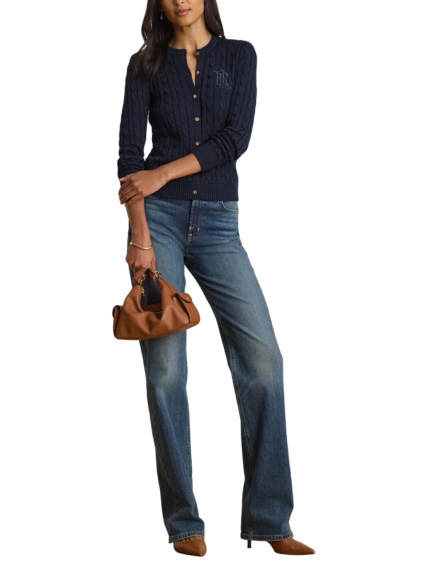 Cardigan with embroidered logo in twisted knit cotton. LAUREN Blue