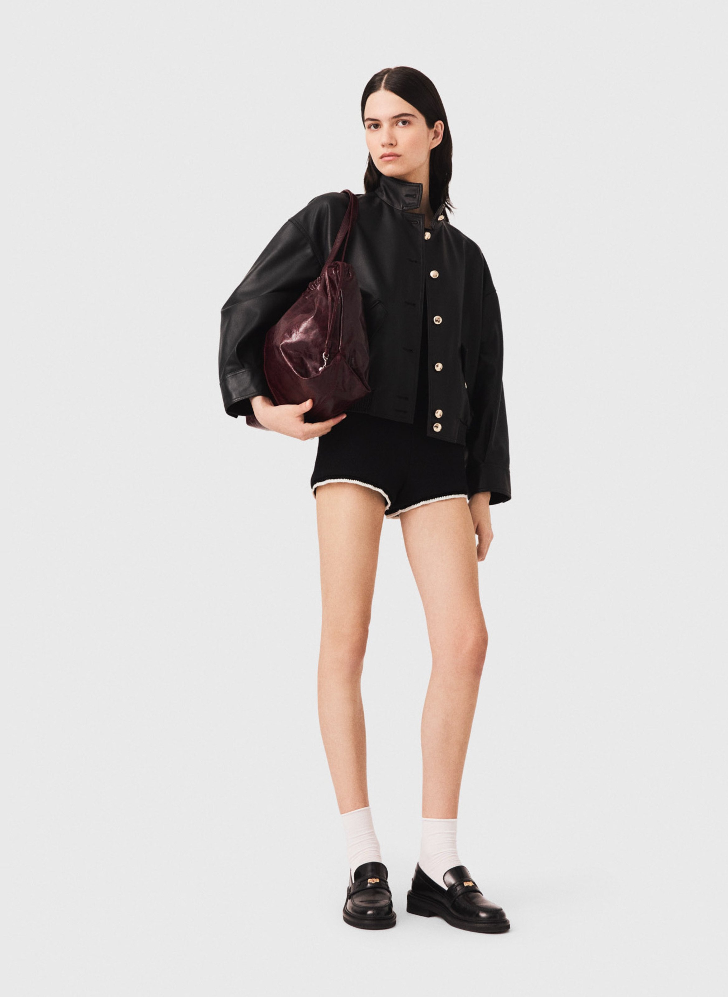 Blouson ample col montant en cuir MAJE Noir