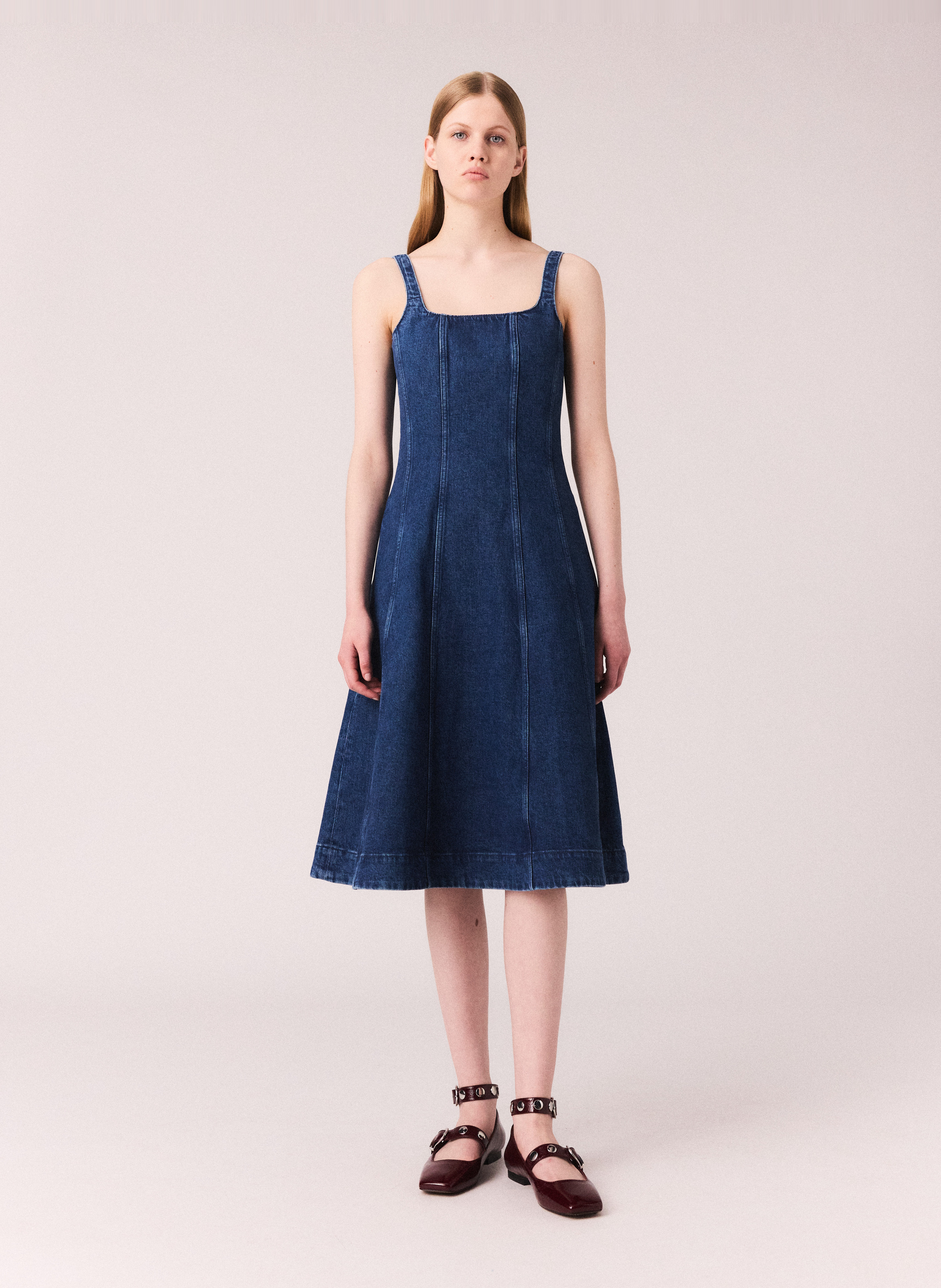 Robe midi col carre en denim de coton mélangé MAJE Bleu