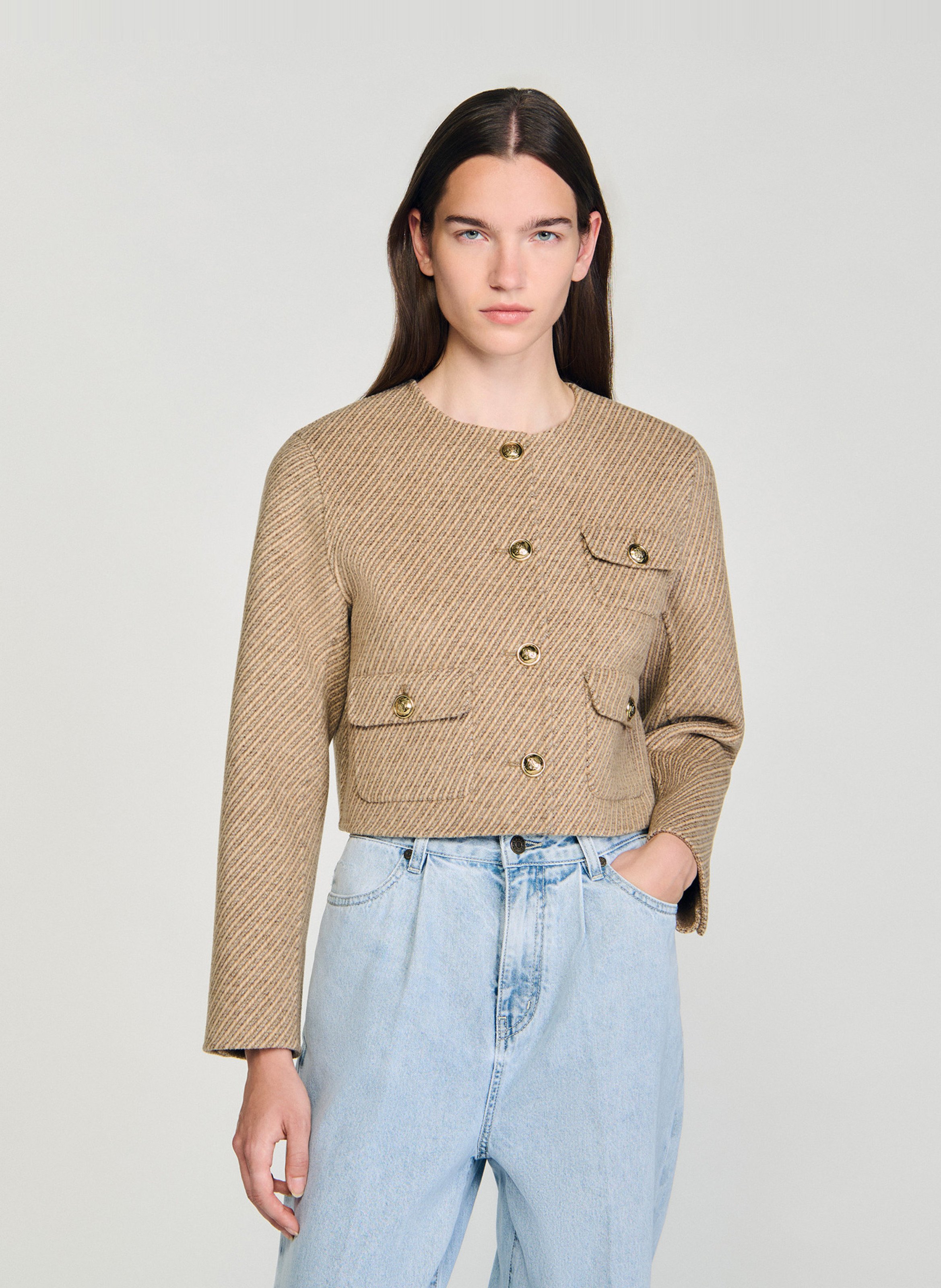 Veste col rond en laine mélangée SANDRO Beige