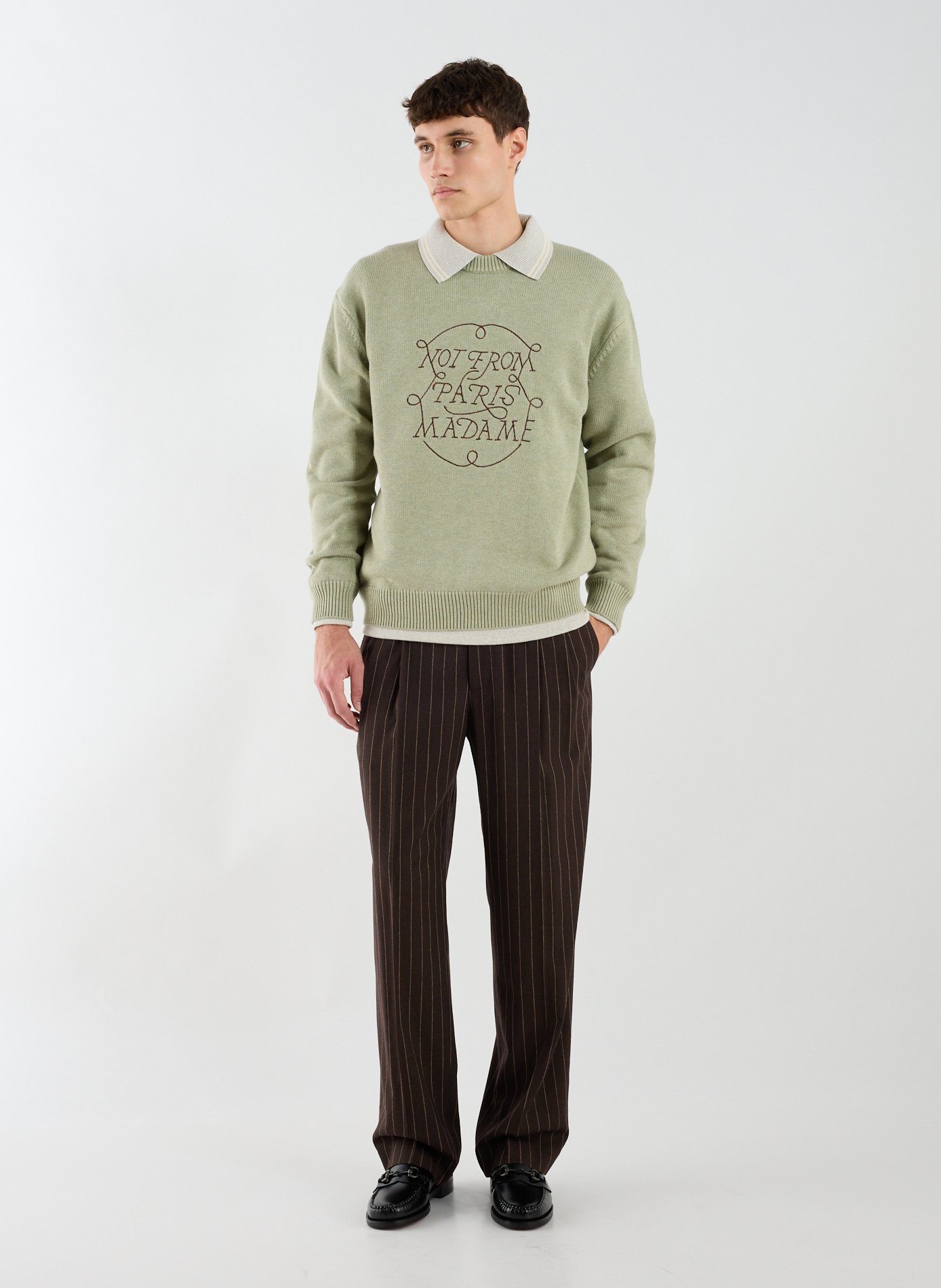 Pull ample brodé en laine et coton DROLE DE MONSIEUR Kaki