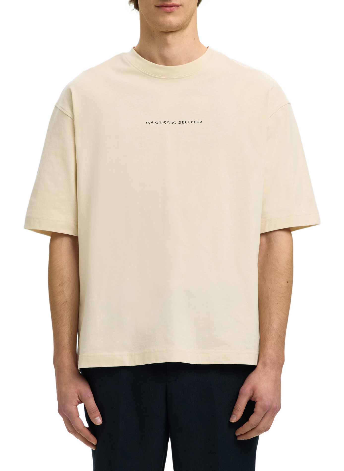 Short-sleeve printed cotton T-shirt  SELECTED Beige