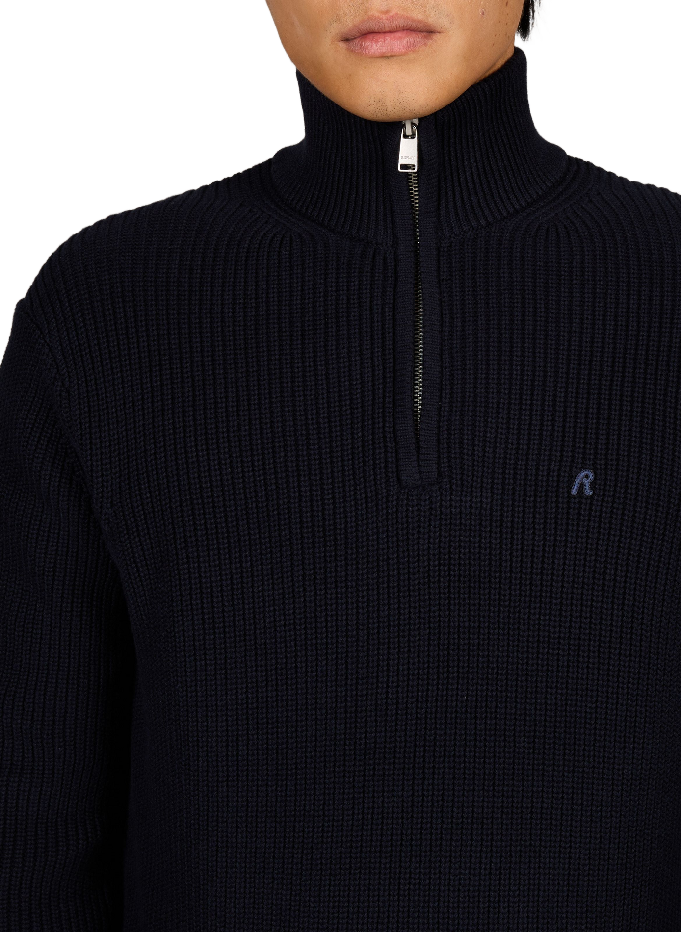 Ribbed high-neck sweater with embroidered logo in cotton REPLAY Blue
