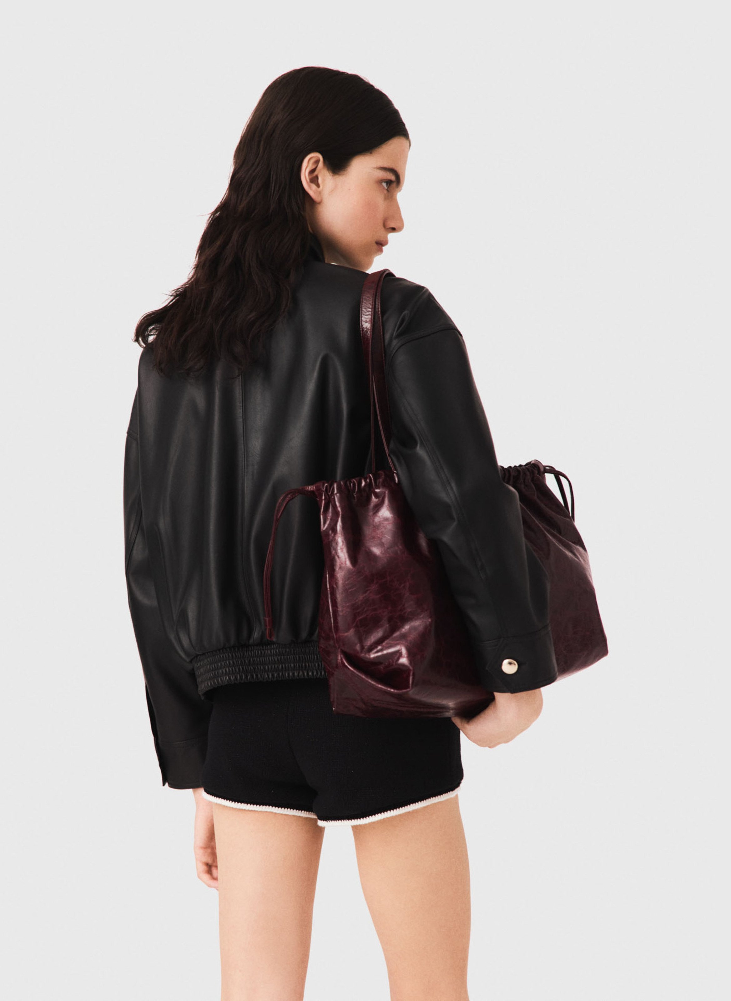 Blouson ample col montant en cuir MAJE Noir
