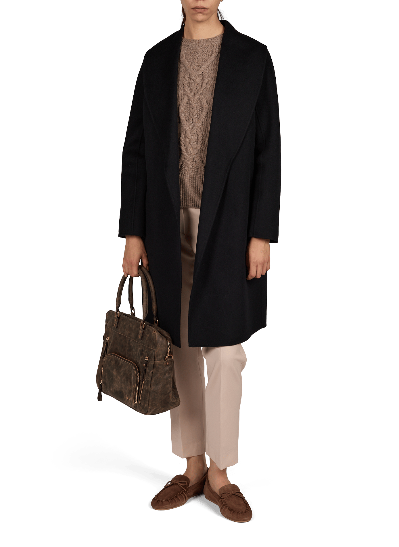 Manteau à col châle ceinturé en laine mélangée MAX MARA STUDIO Noir