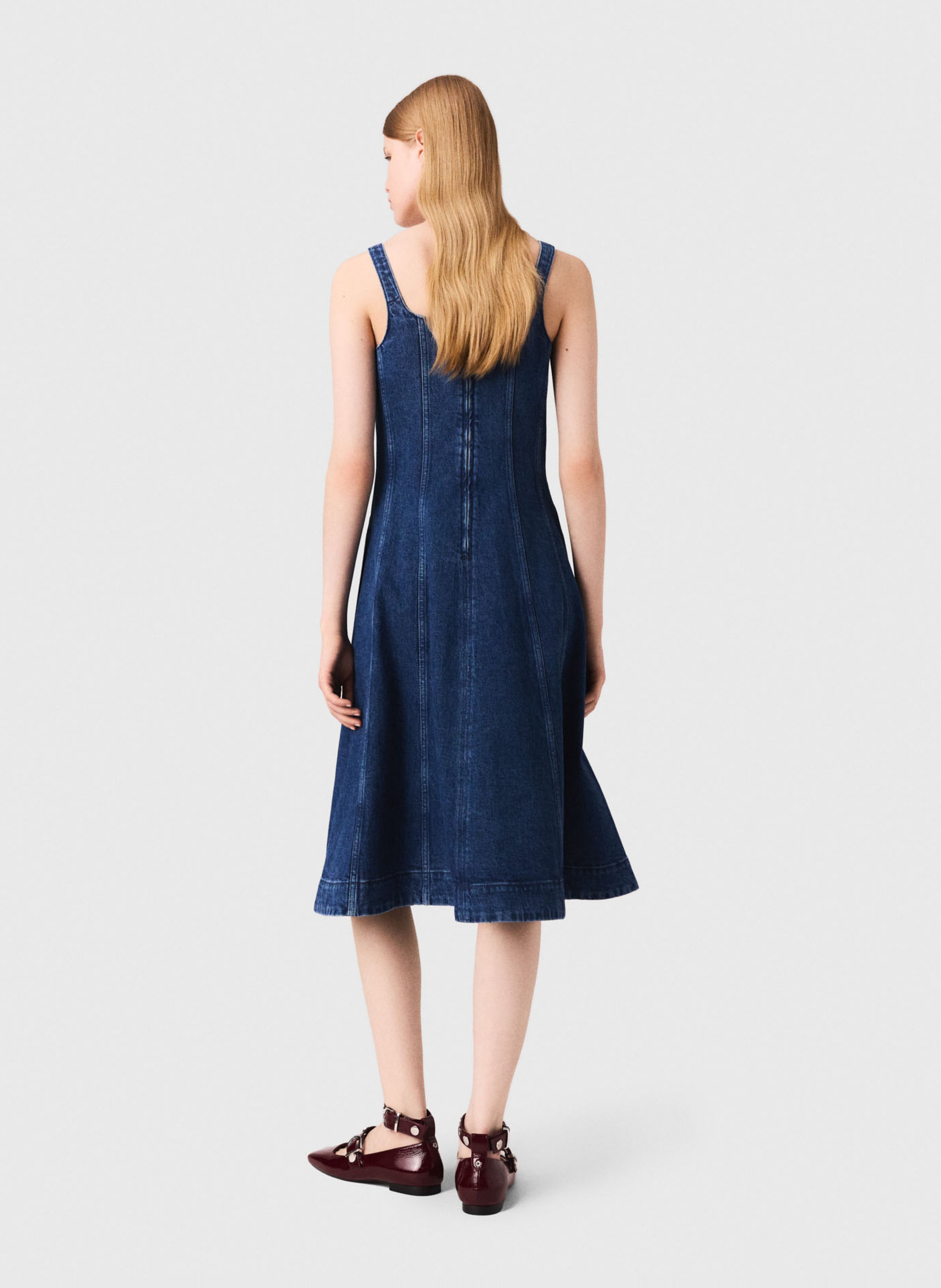 Robe midi col carre en denim de coton mélangé MAJE Bleu