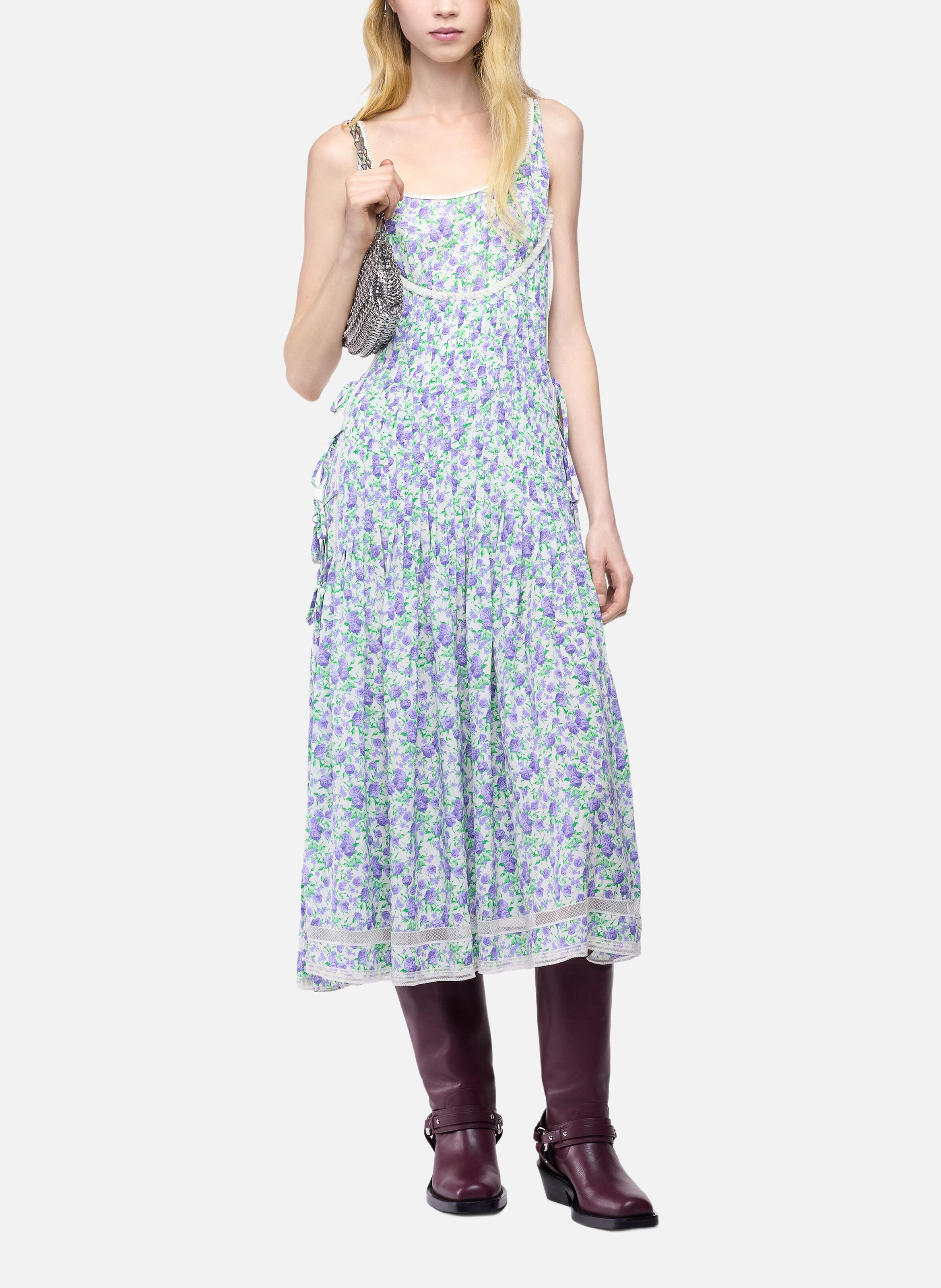 Robe midi en crêpe de viscose imprimé liberty avec détails en dentelle et nœuds RABANNE Bleu