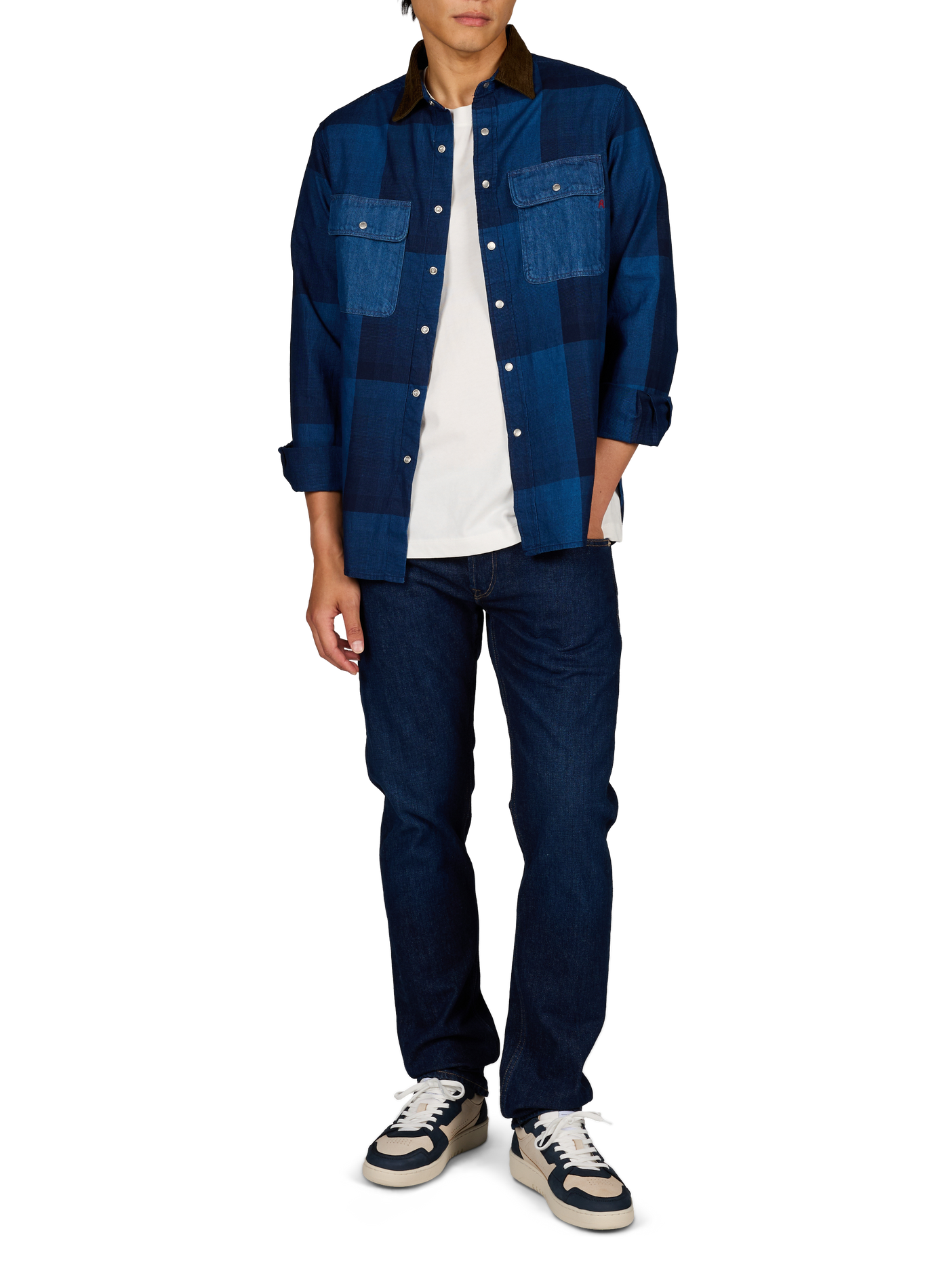 Chemise à carreaux et col en velours côtelé en coton REPLAY Bleu