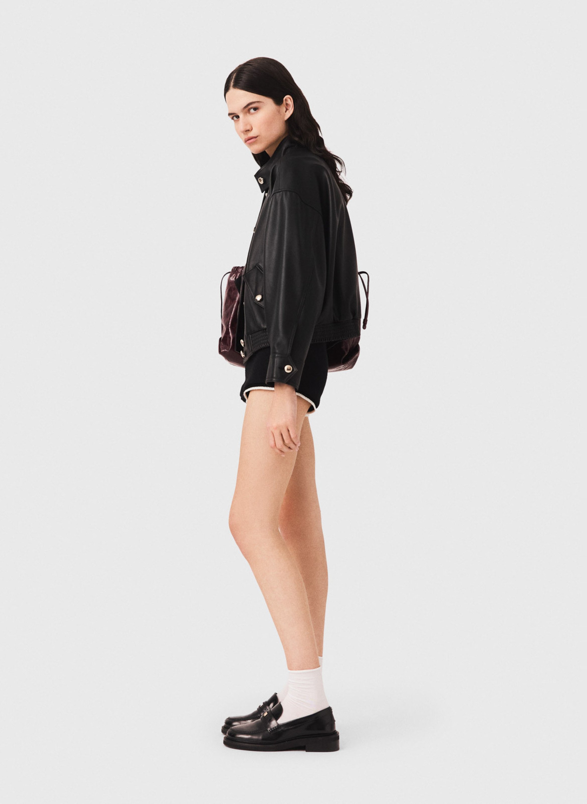 Blouson ample col montant en cuir MAJE Noir