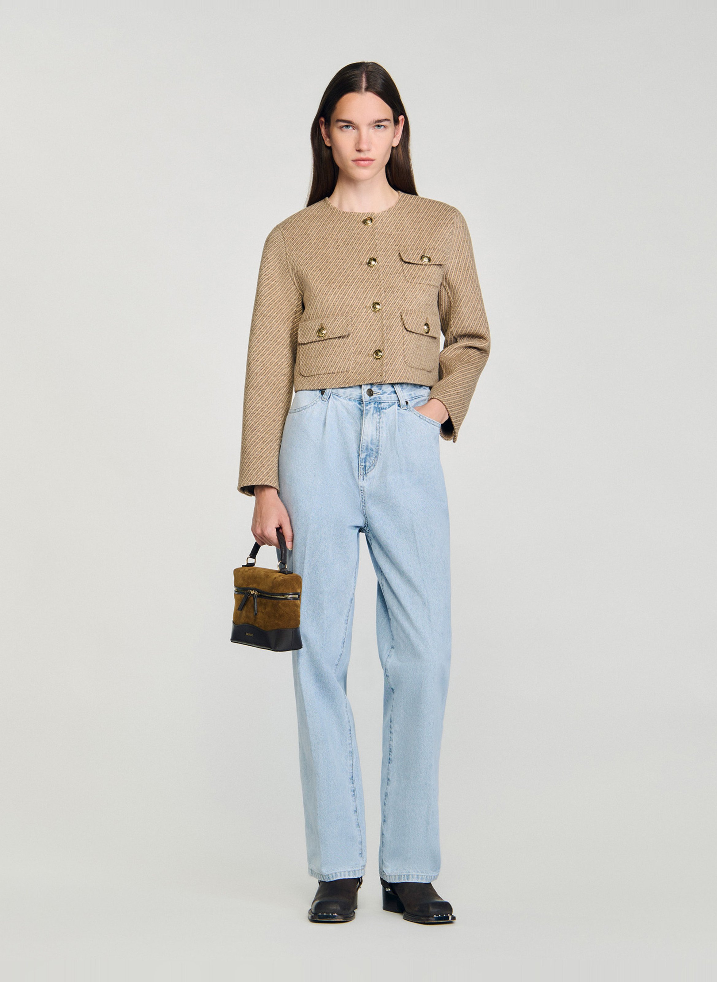 Veste col rond en laine mélangée SANDRO Beige