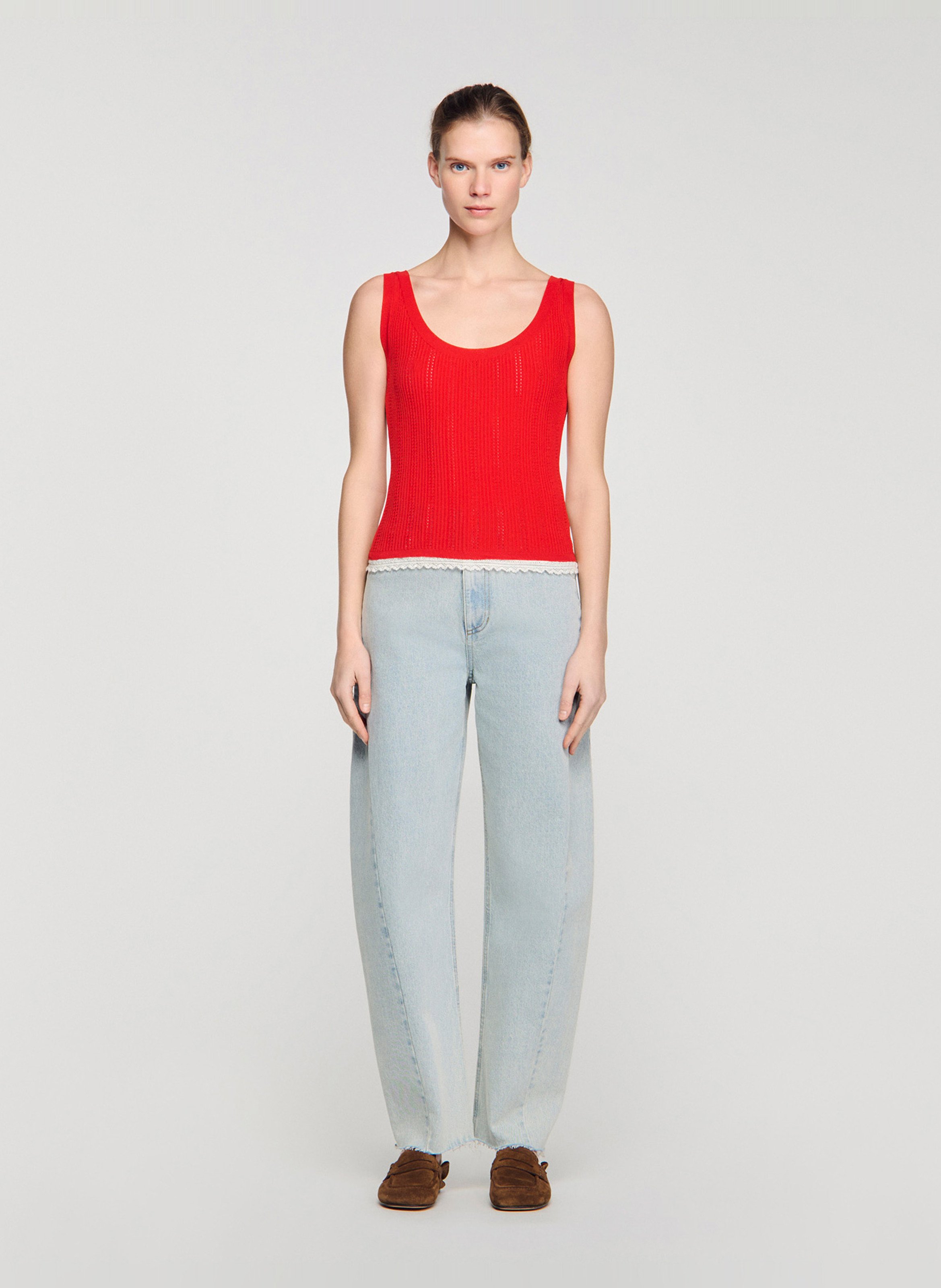 Débardeur cintré col rond détail dentelle SANDRO Rouge