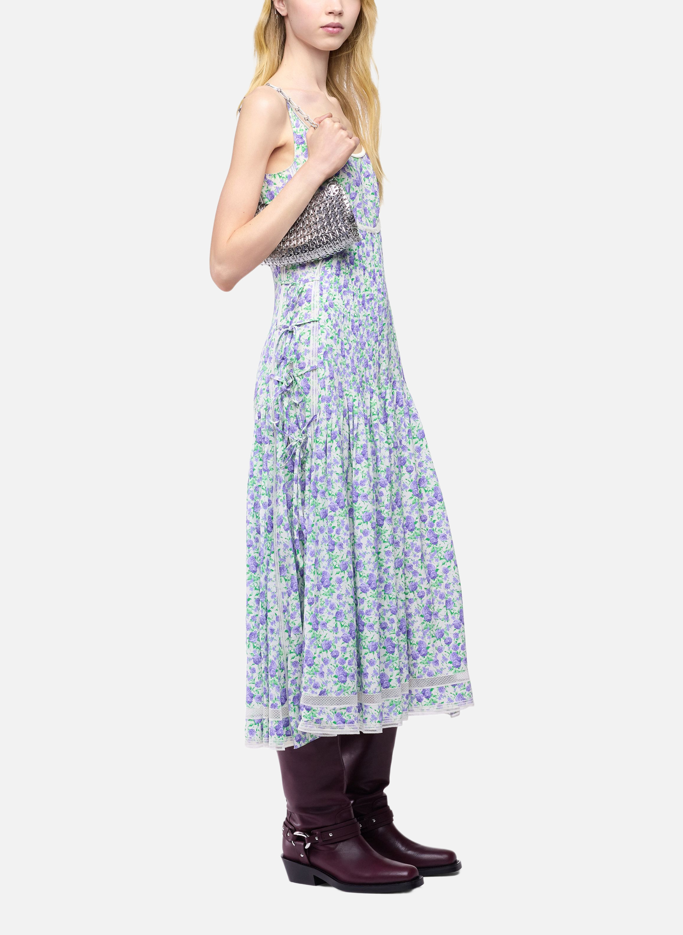 Robe midi en crêpe de viscose imprimé liberty avec détails en dentelle et nœuds RABANNE Bleu