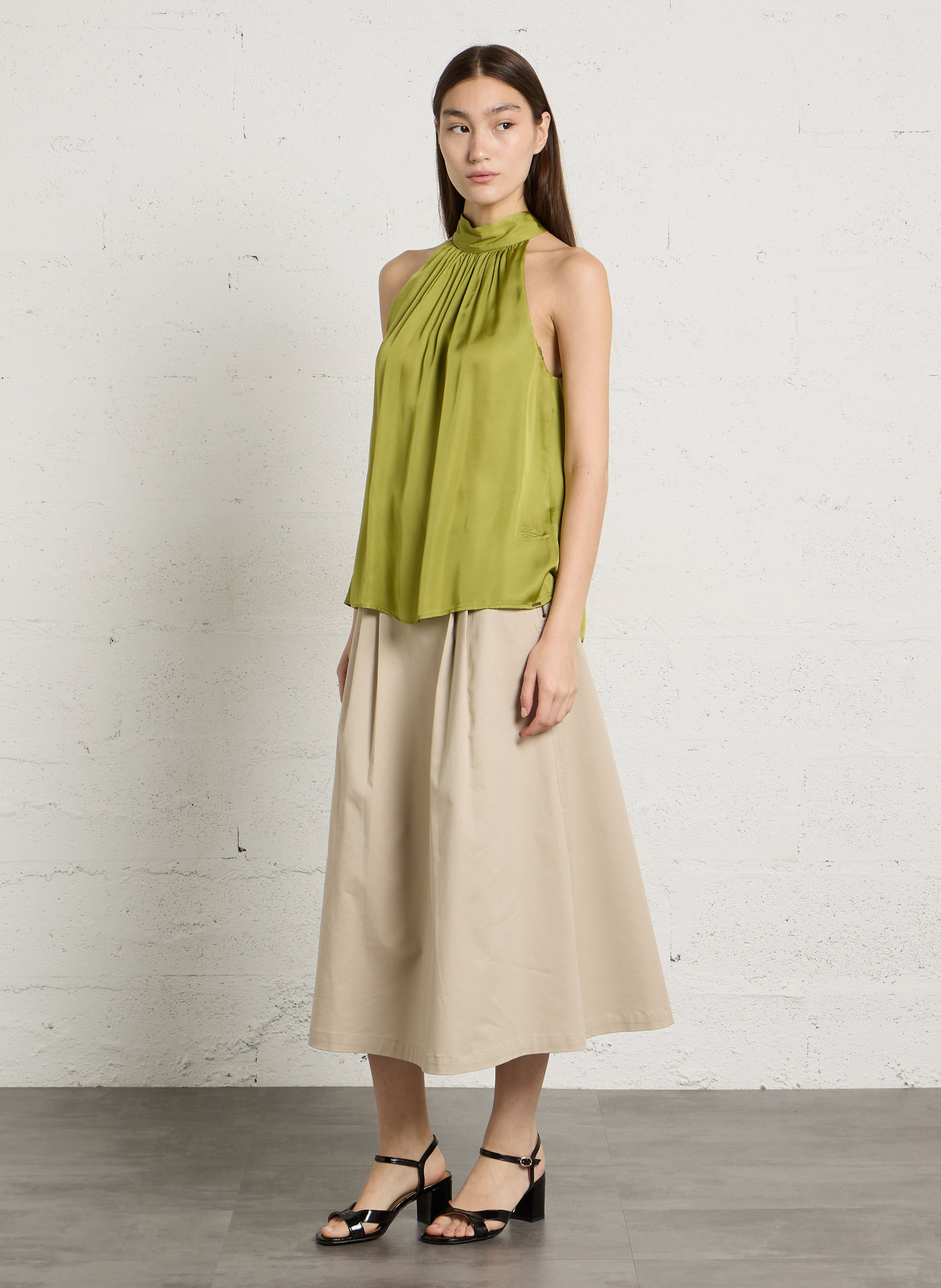 Jupe midi évasée à plis IKKS Beige