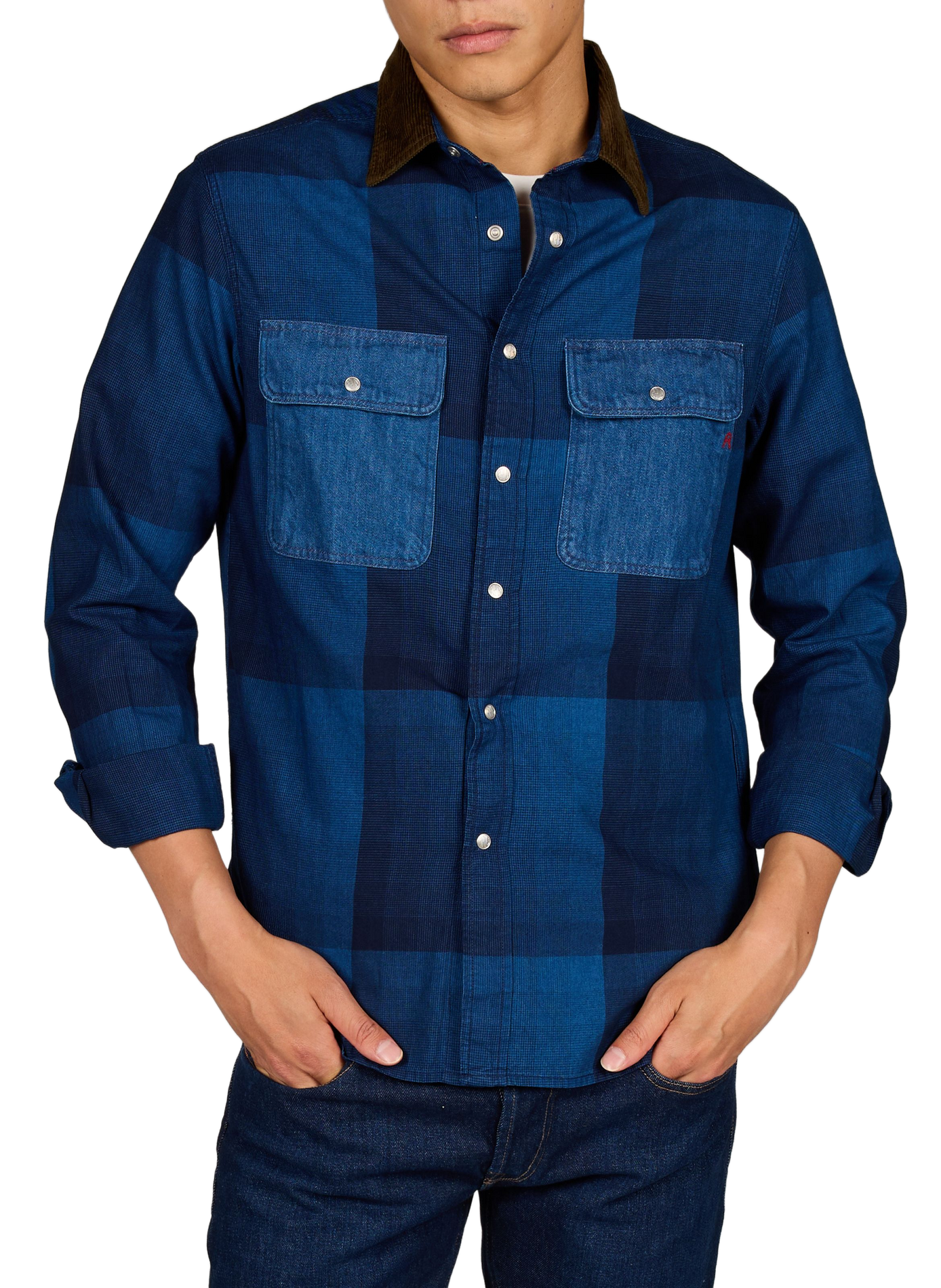 Chemise à carreaux et col en velours côtelé en coton REPLAY Bleu