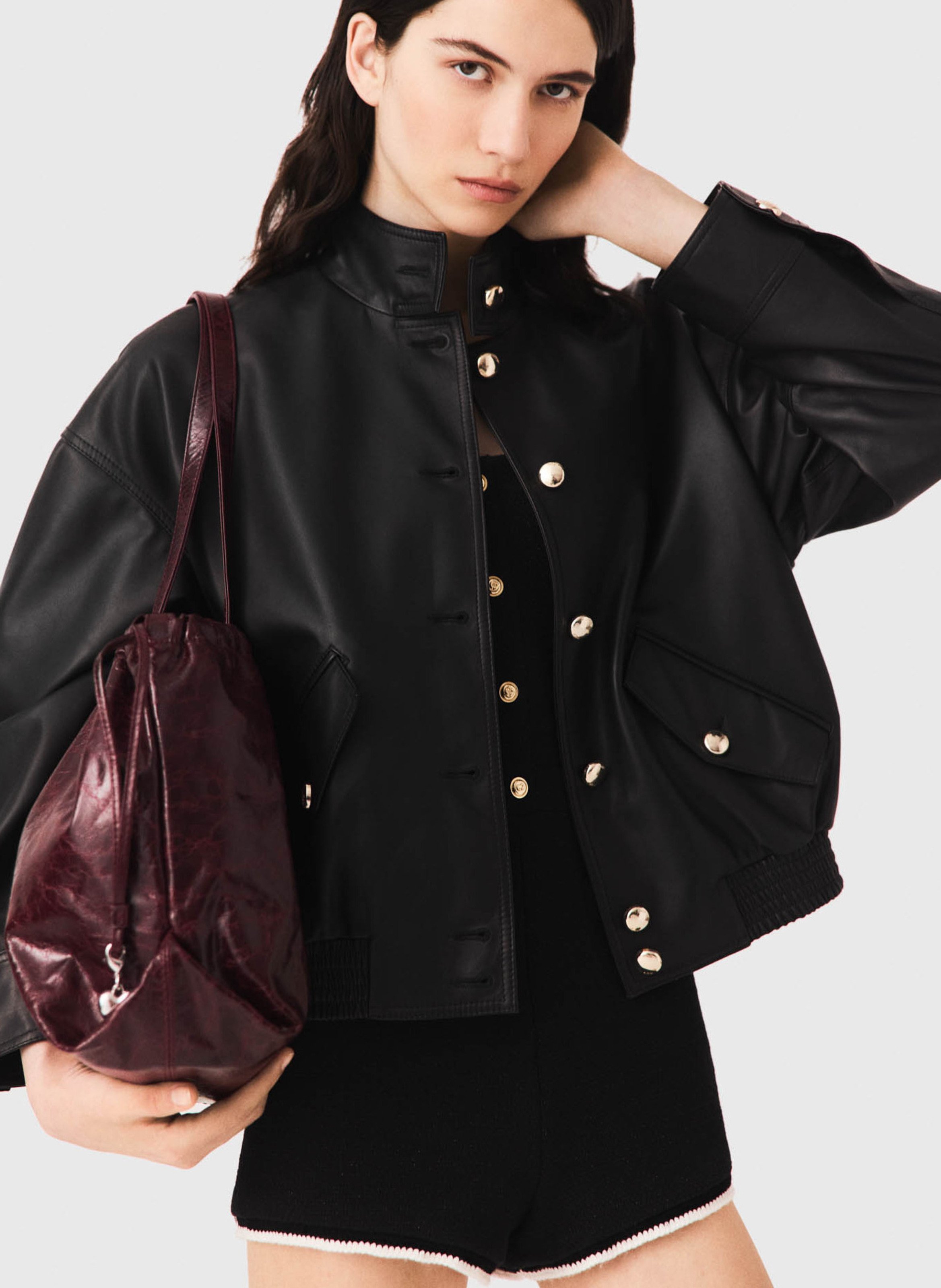 Blouson ample col montant en cuir MAJE Noir