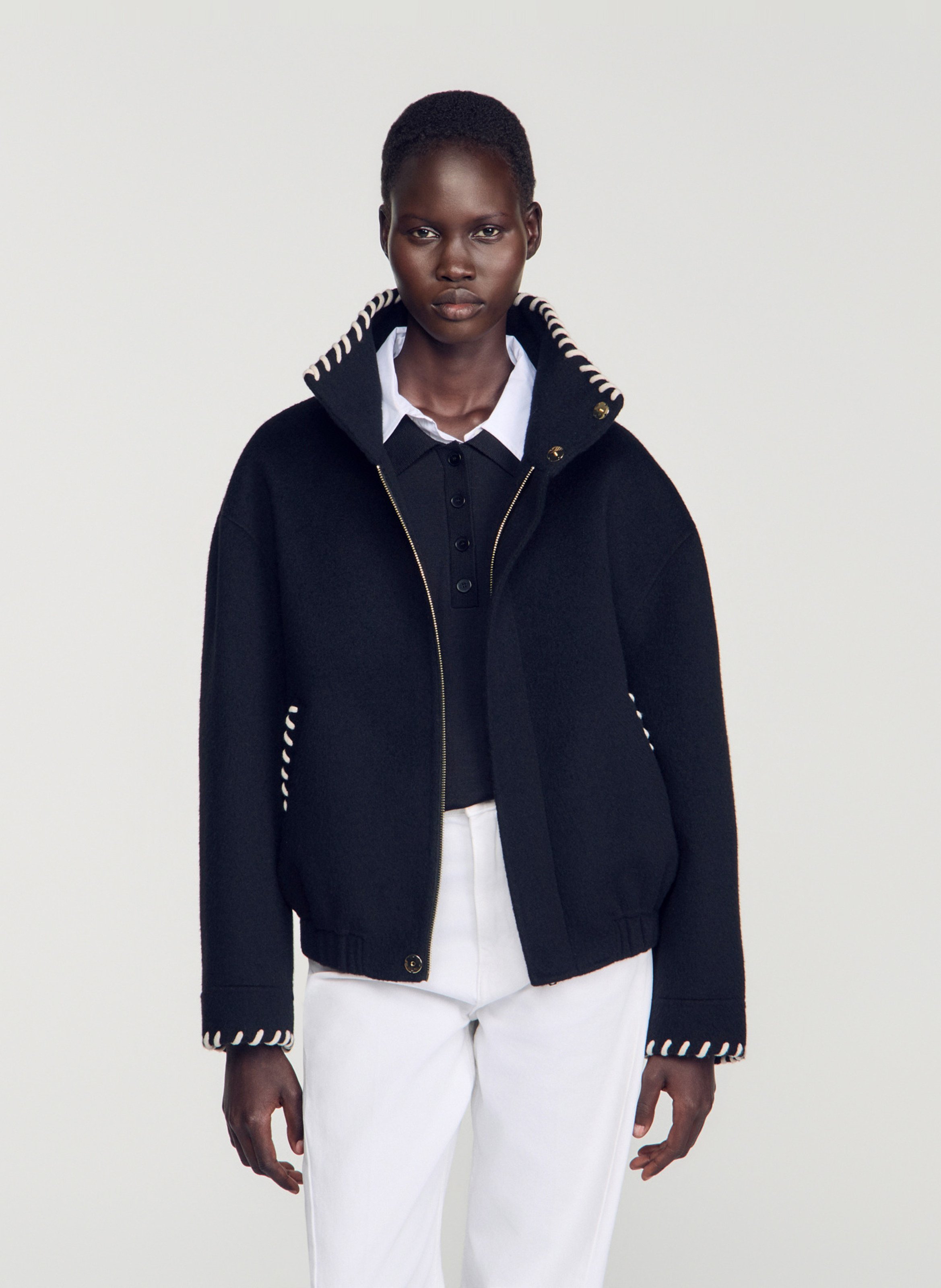 Veste col montant en laine SANDRO Noir