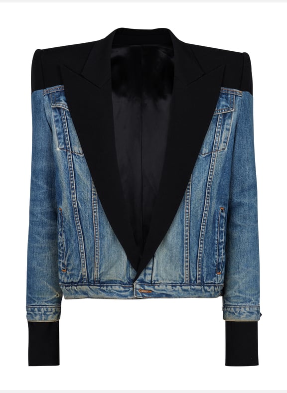 Spencer bi-matière en grain de poudre et denim Noir by BALMAIN BALMAIN Spencer bi-matière en grain de poudre et denim Noir