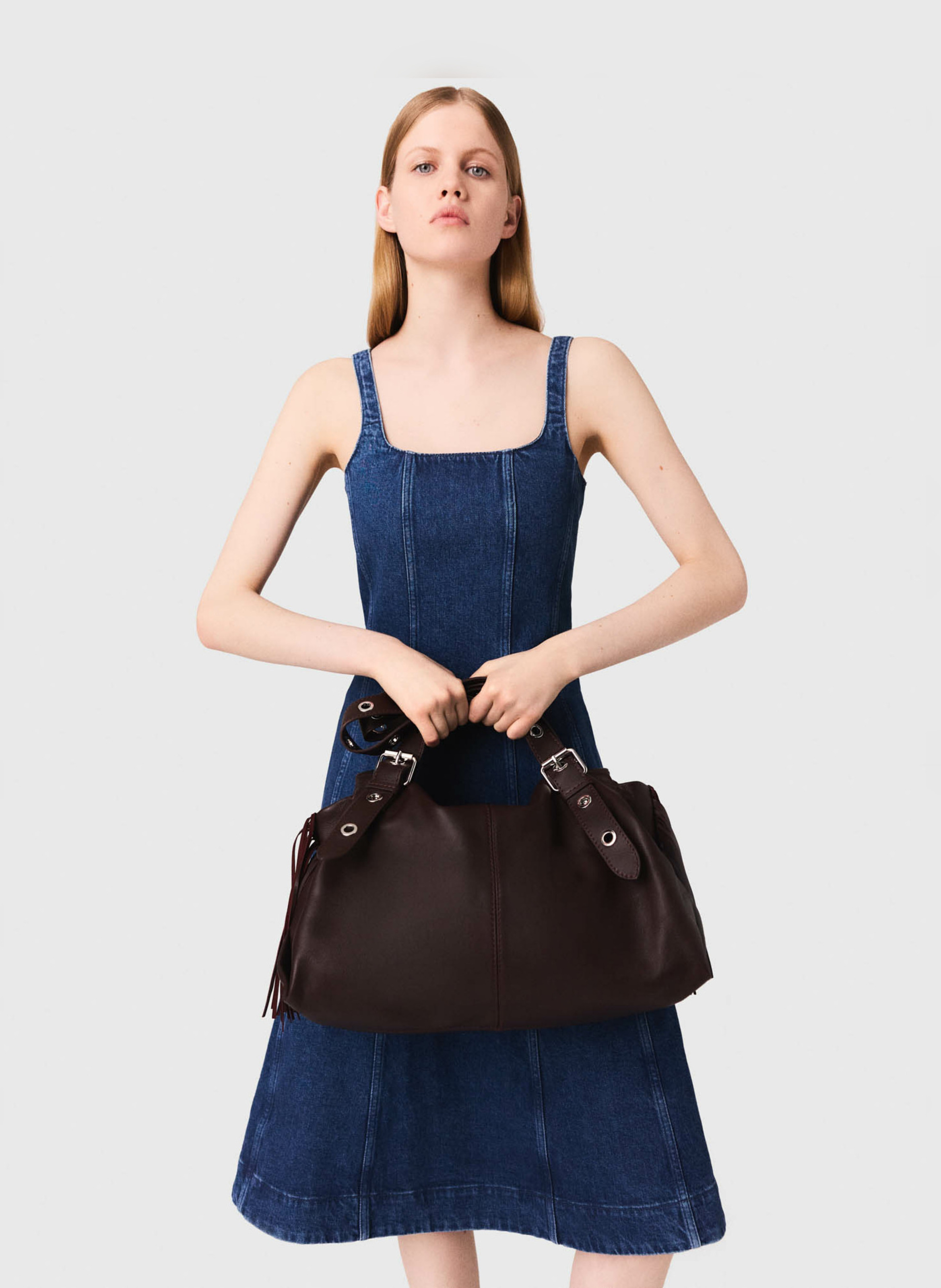 Robe midi col carre en denim de coton mélangé MAJE Bleu