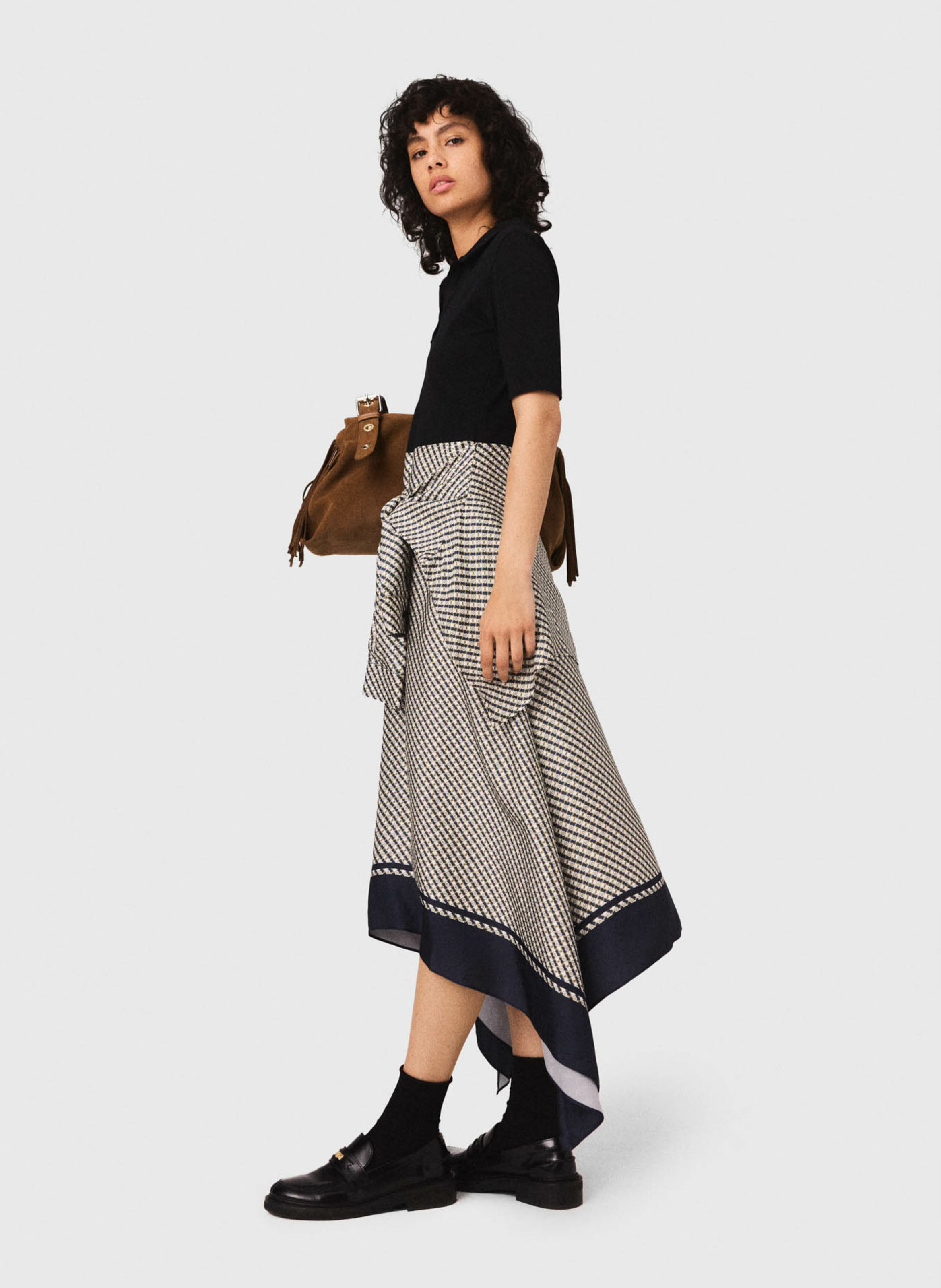 Robe midi bi-matière imprimée Beige