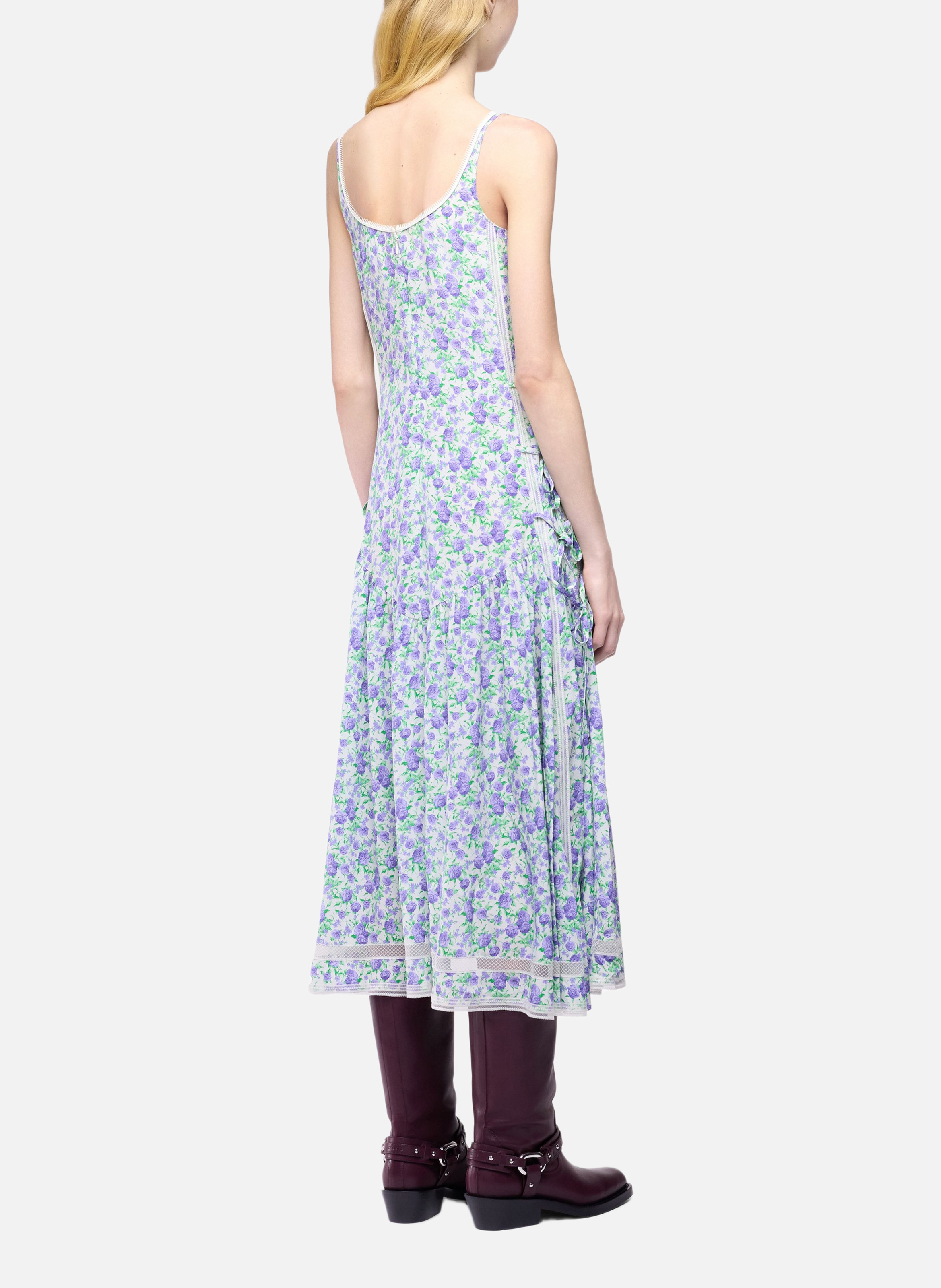 Robe midi en crêpe de viscose imprimé liberty avec détails en dentelle et nœuds RABANNE Bleu