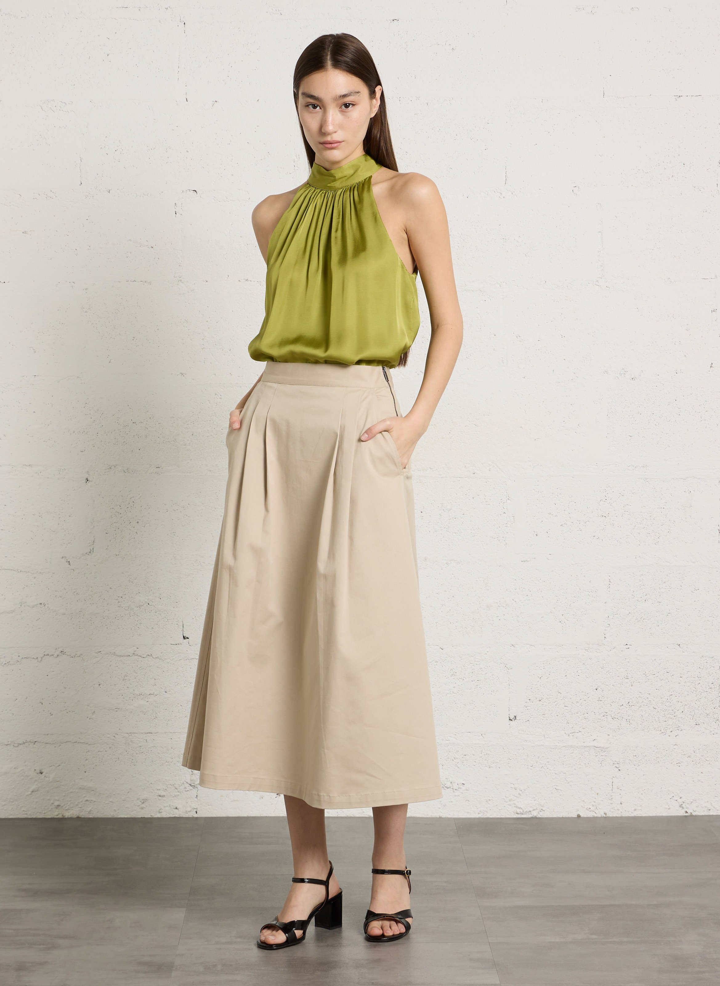 Jupe midi évasée à plis IKKS Beige