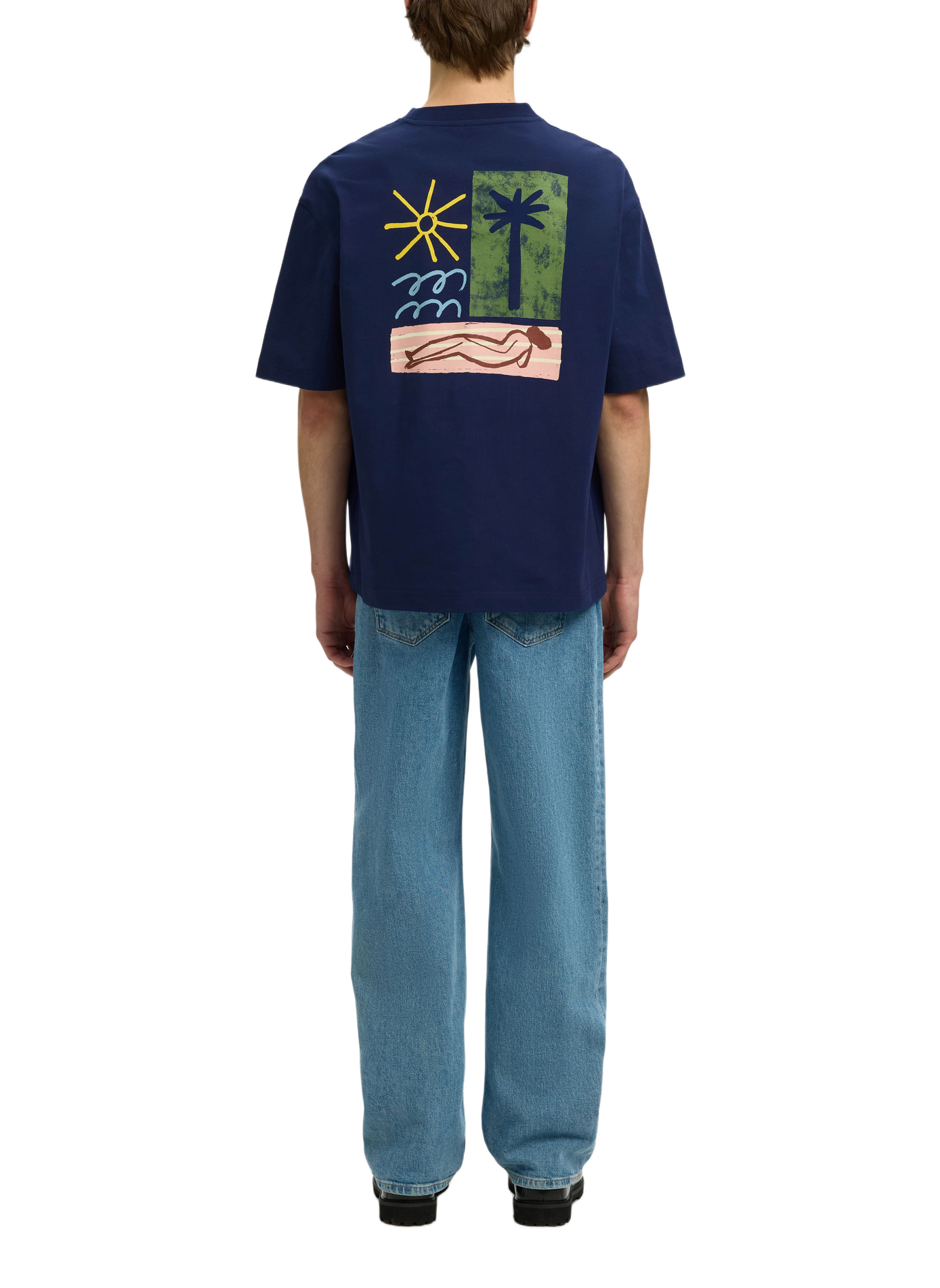 Short-sleeve printed cotton T-shirt  SELECTED Blue