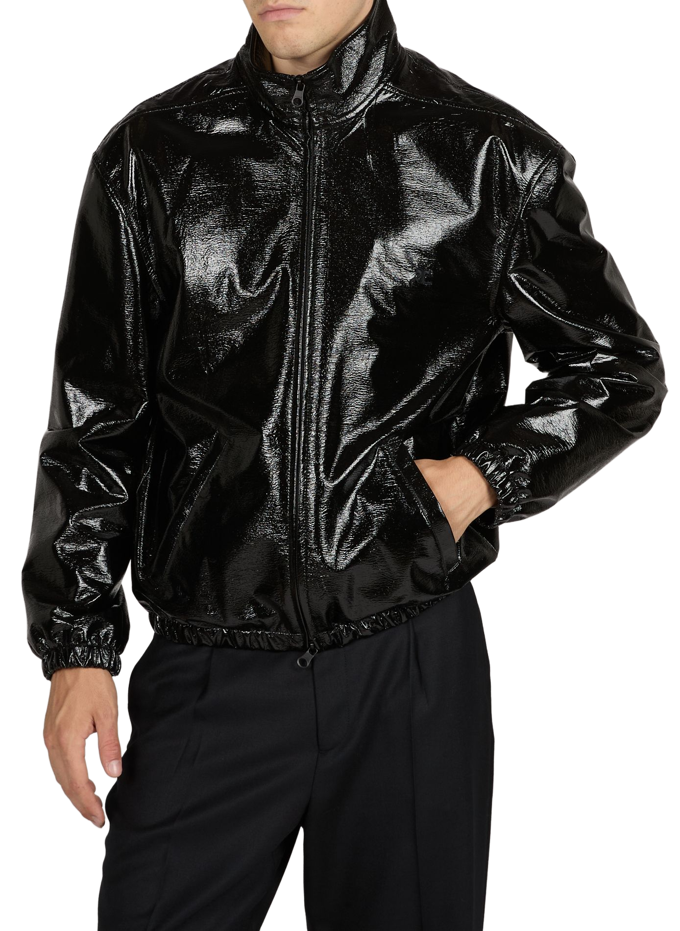 Shiny high-neck jacket with embroidered logo COURRÈGES Black
