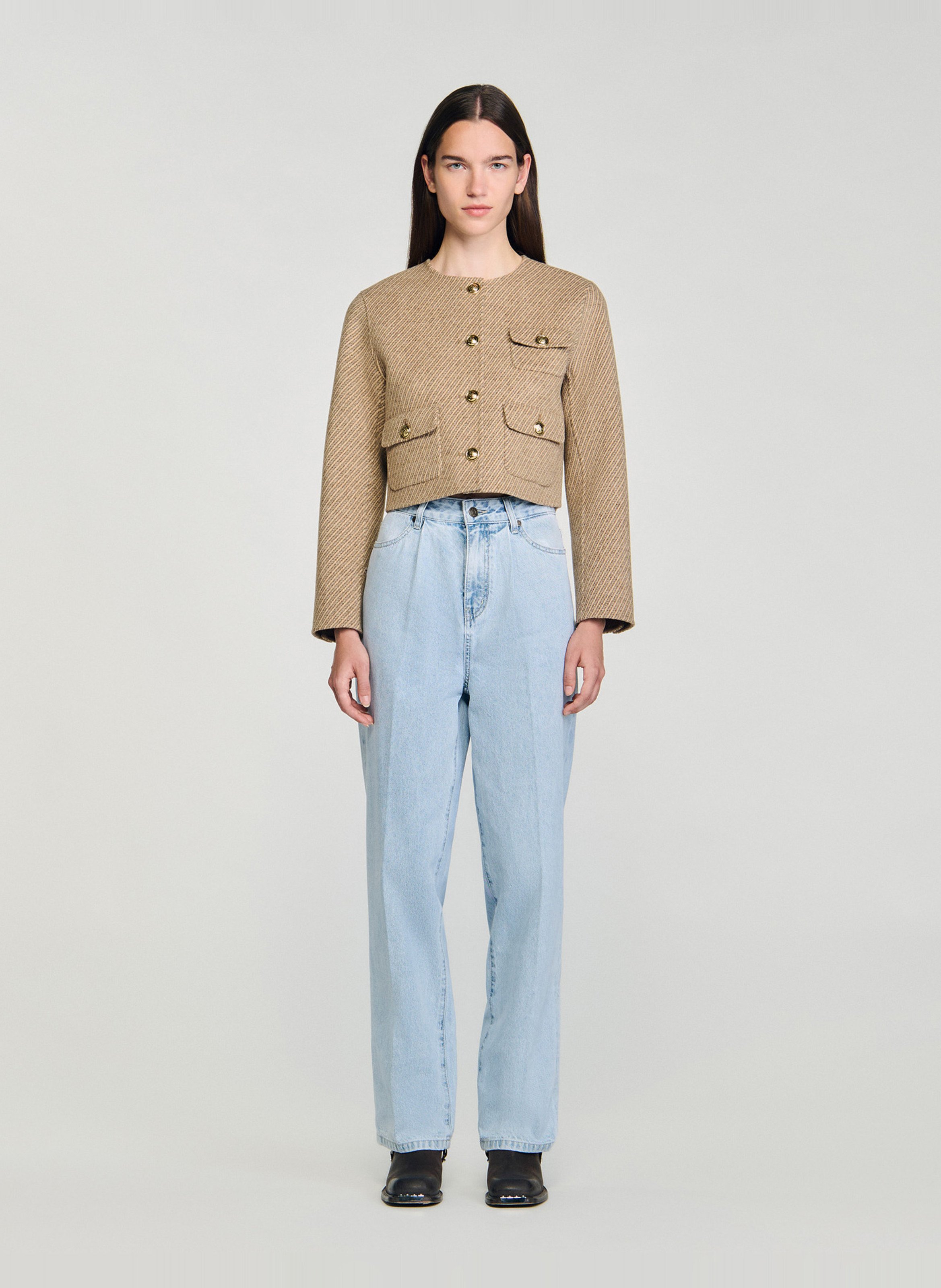 Veste col rond en laine mélangée SANDRO Beige