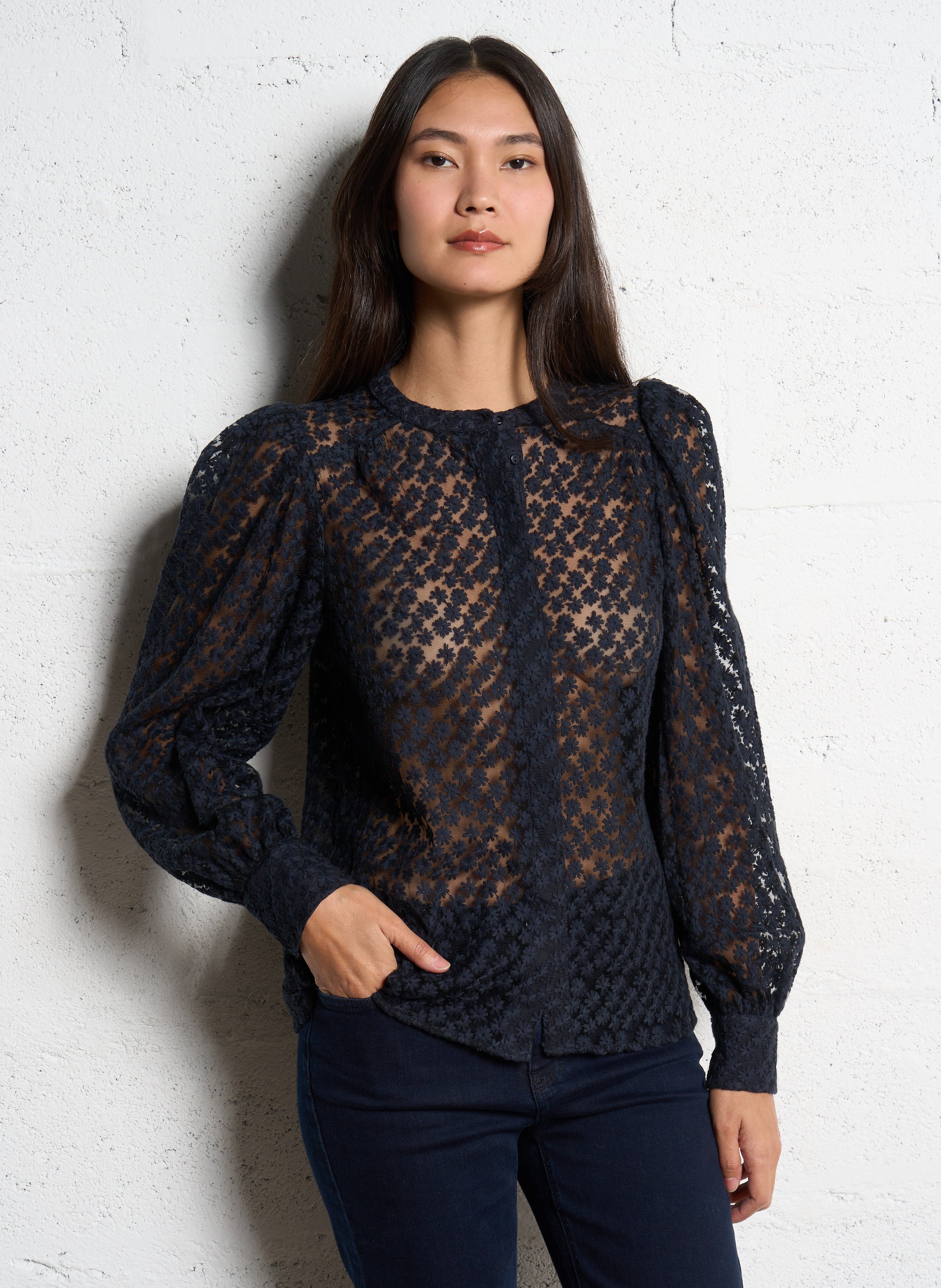 MAISON 123 Chemisier col rond broderie florale camomille Bleu