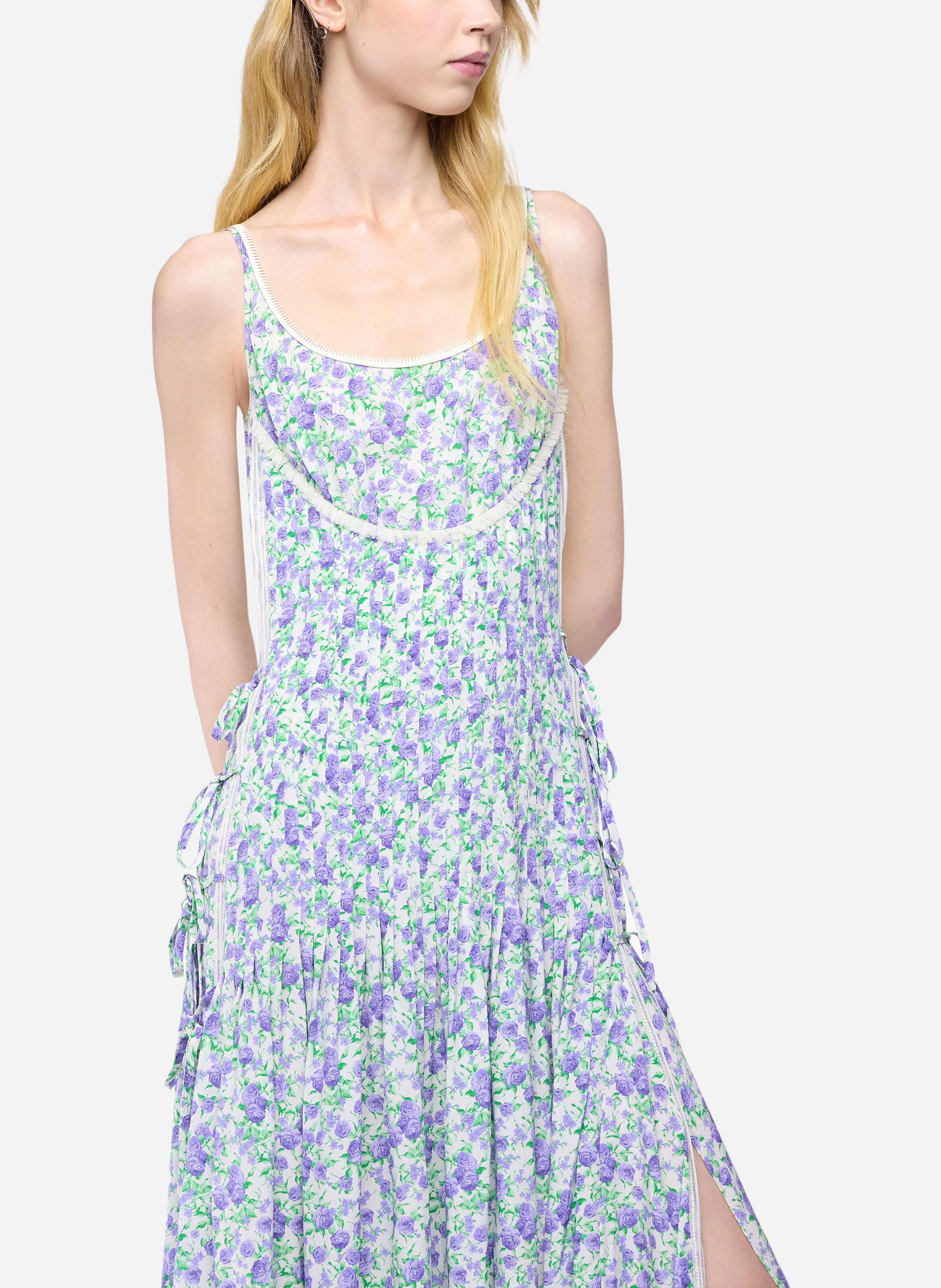 Robe midi en crêpe de viscose imprimé liberty avec détails en dentelle et nœuds RABANNE Bleu