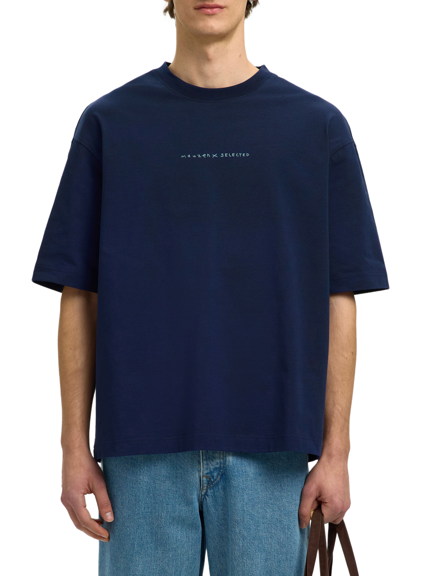 Short-sleeve printed cotton T-shirt  SELECTED Blue