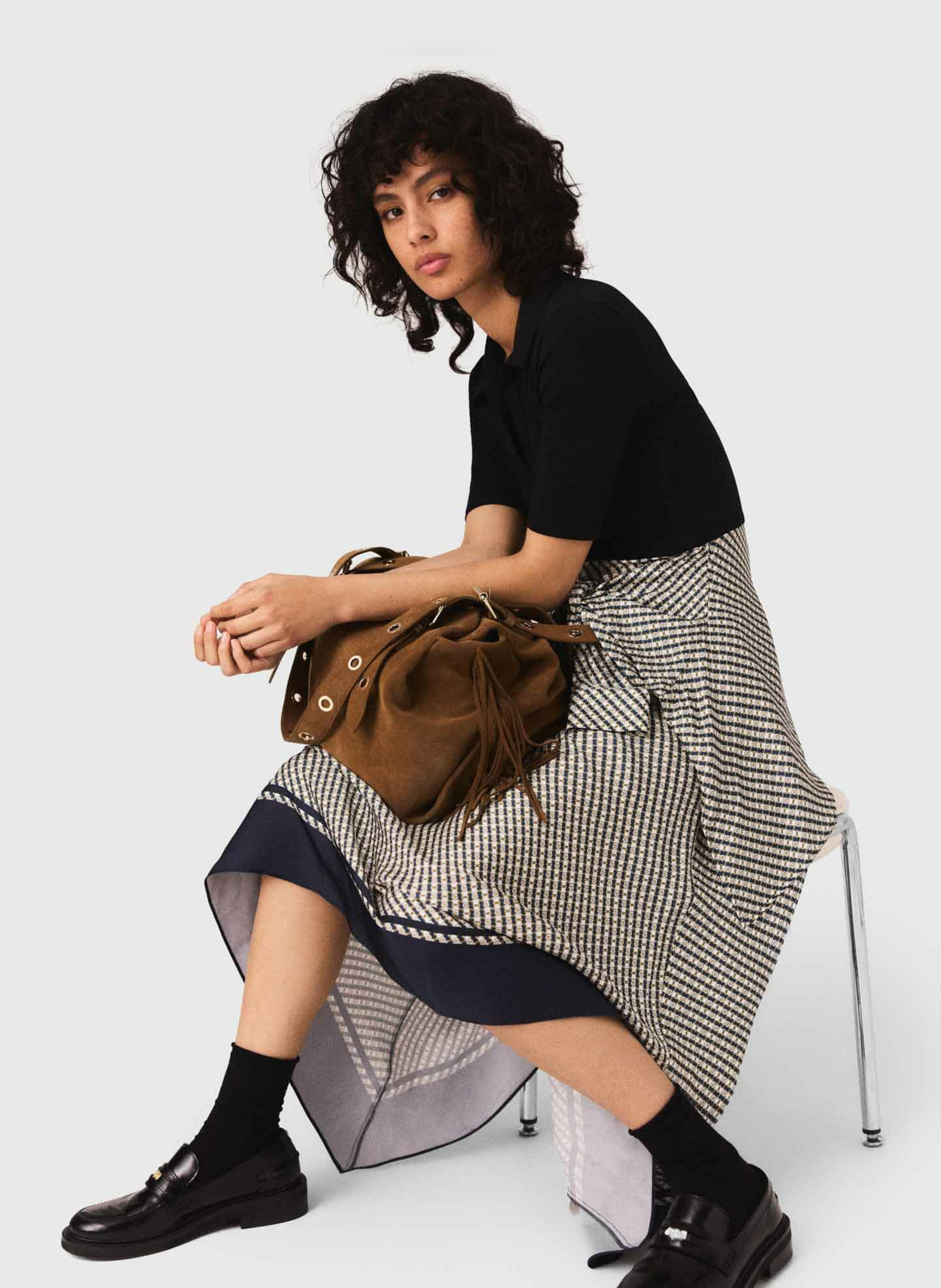 Robe midi bi-matière imprimée Beige