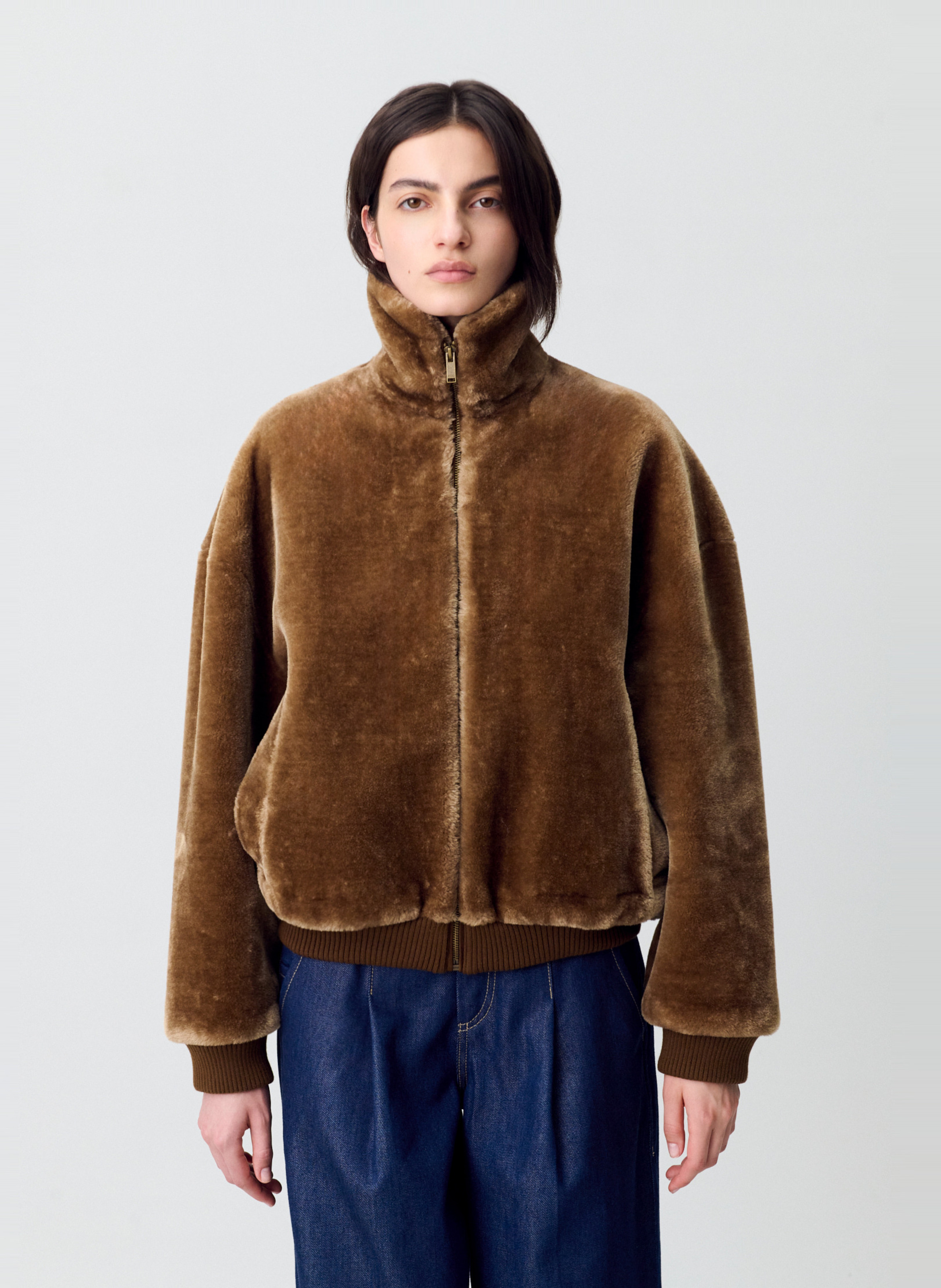 Veste droite col montant en fourrure synthétique fanya CLAUDIE PIERLOT Marron