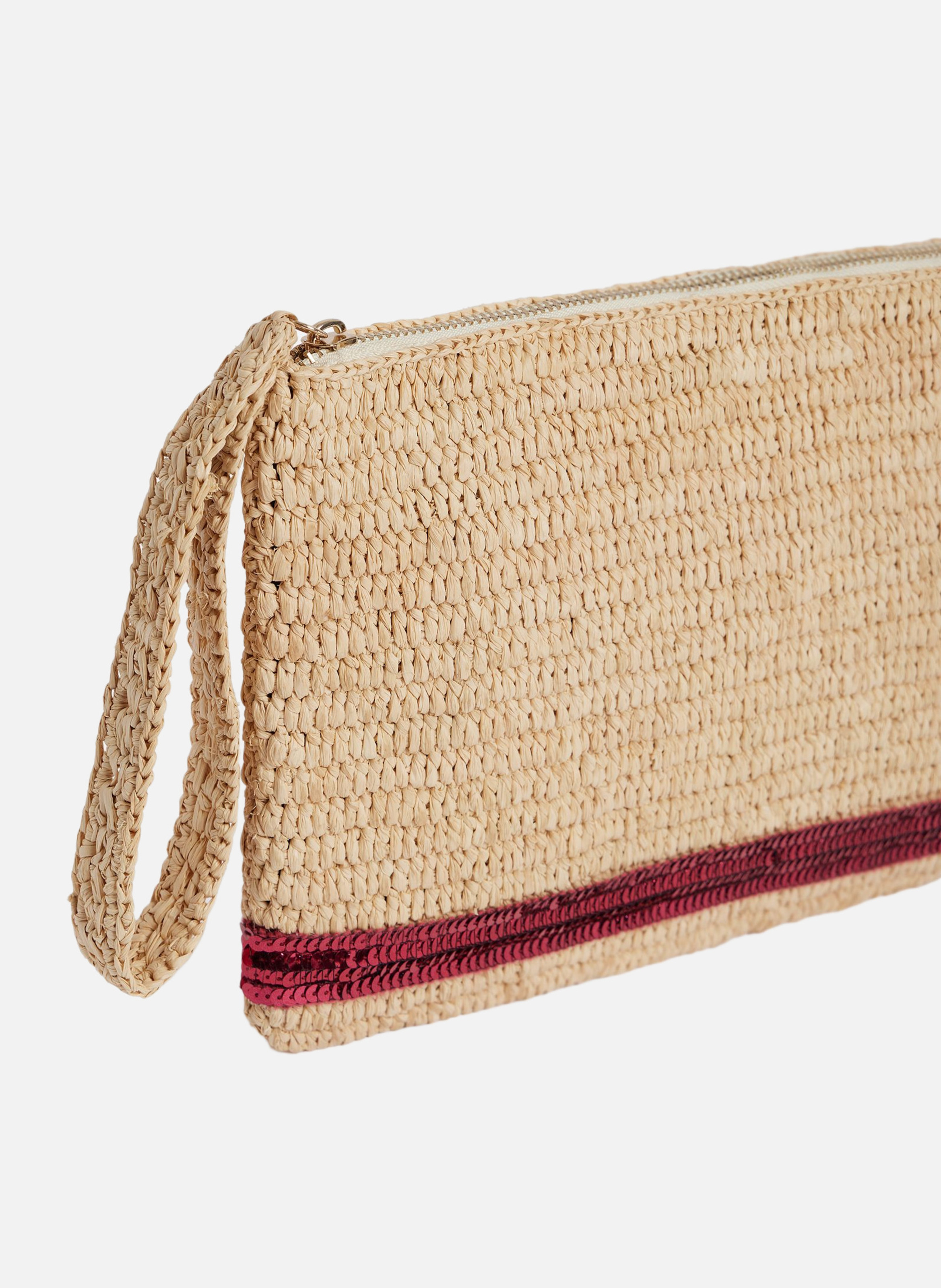 Pochette zippée en raphia Rose