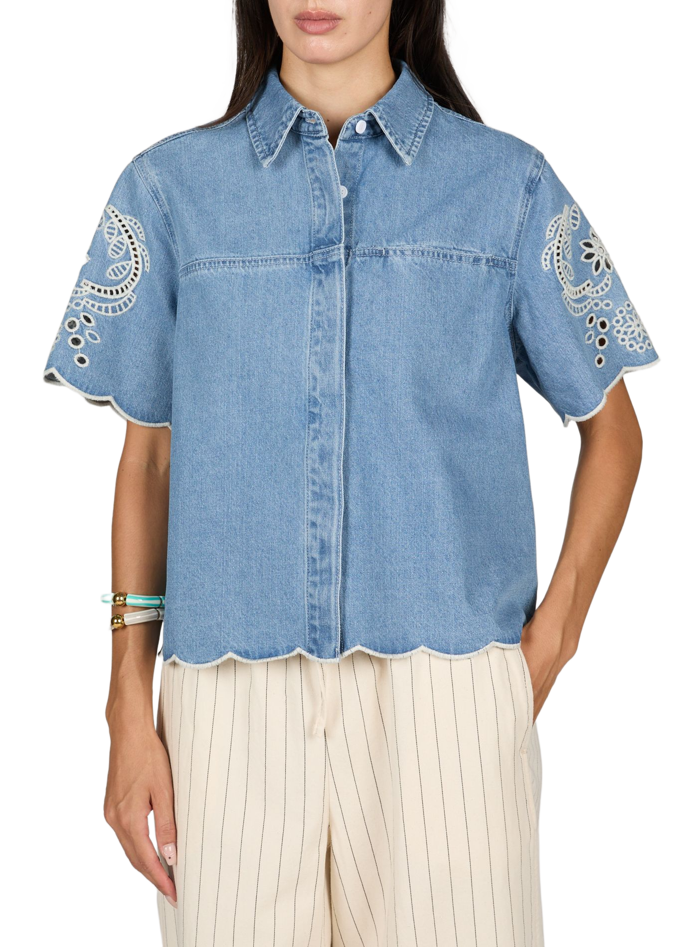 Kurzarm-Denimhemd aus Baumwolle OBJECT Blau