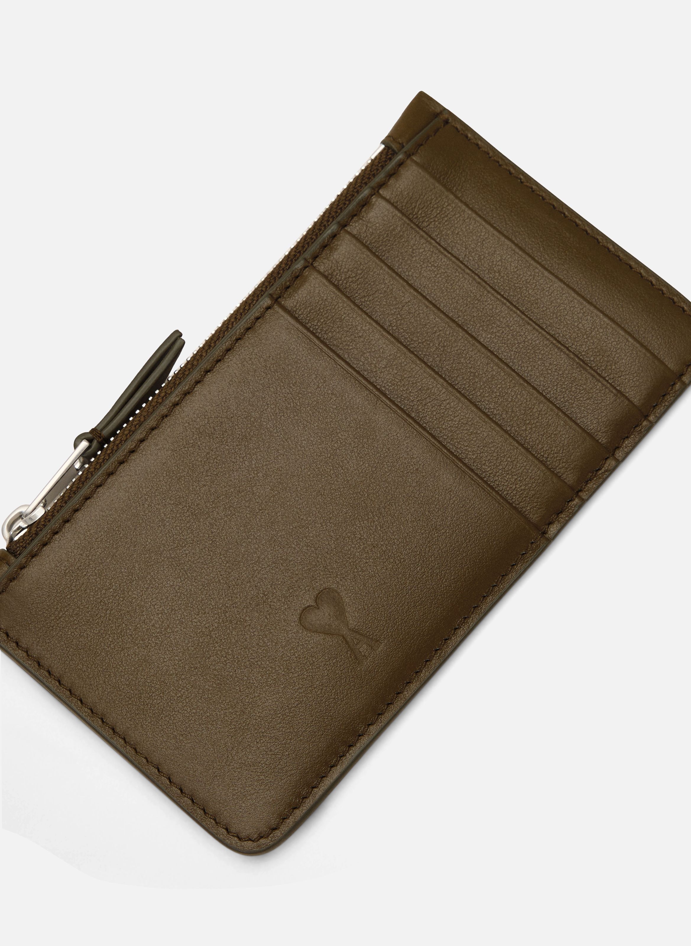 Porte-cartes zippé unisexe en cuir de vachette ami de coeur AMI PARIS Marron