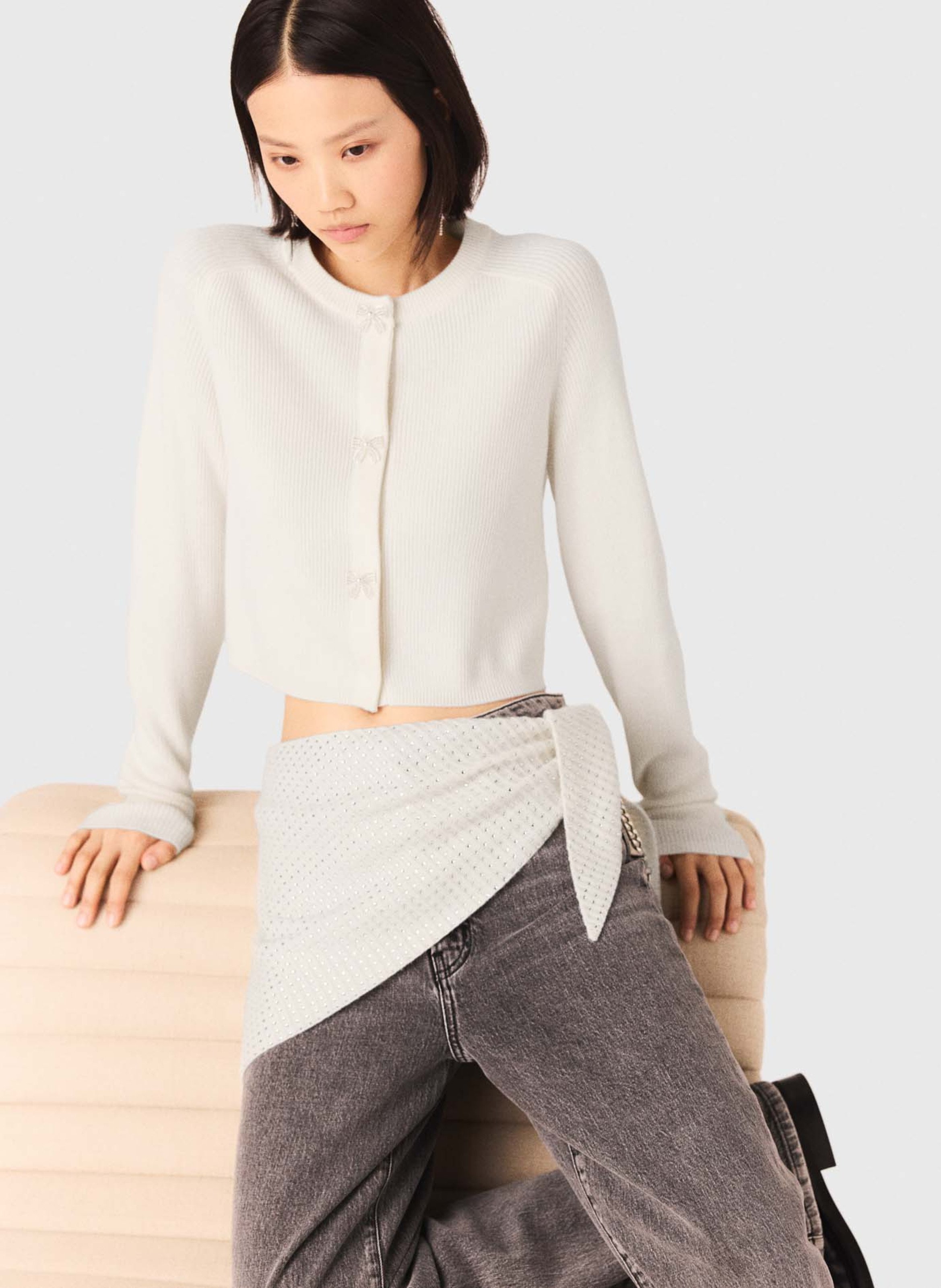 Cardigan droit col rond en laine MAJE Beige